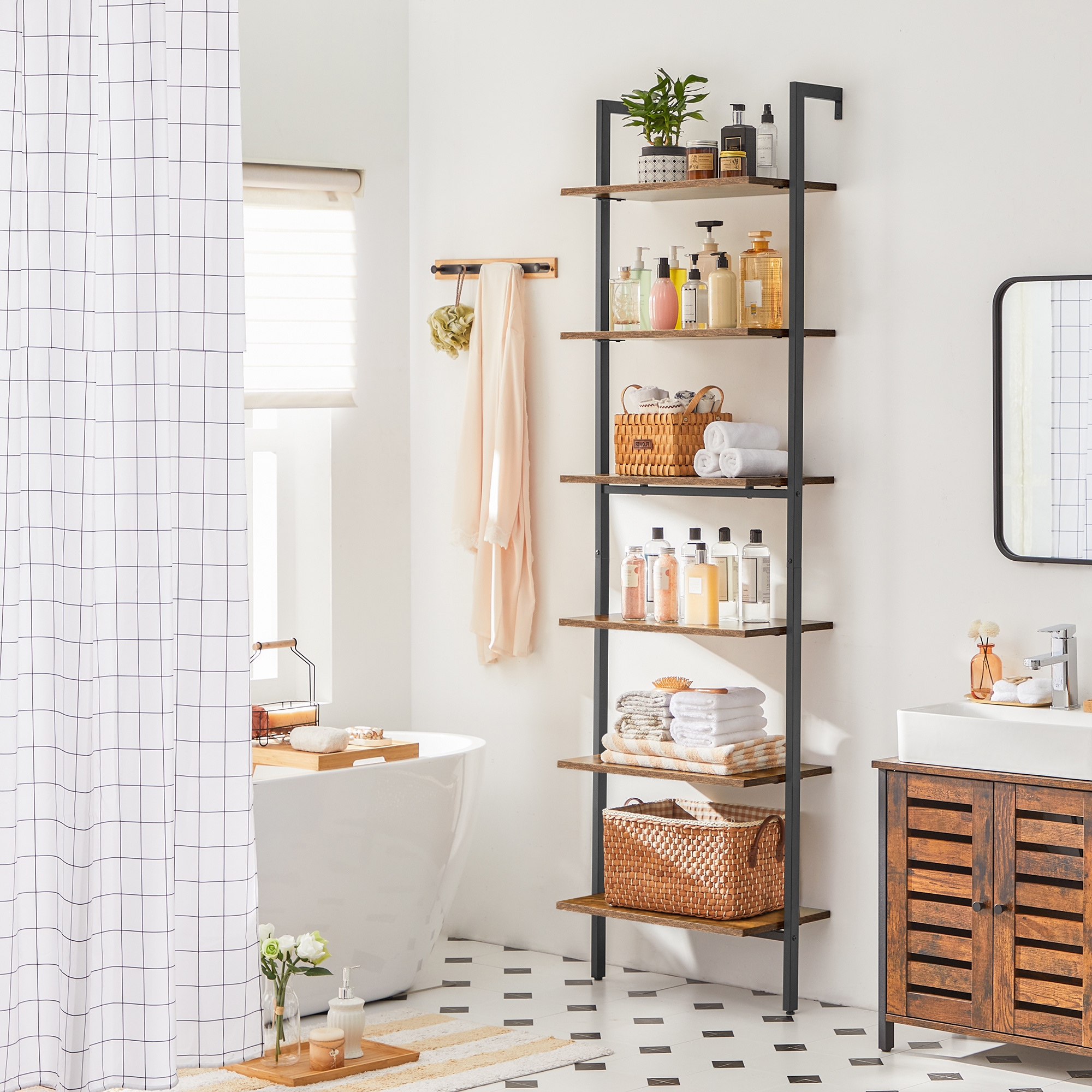 TEMU VASAGLE Staande plank, boekenkast, 6 planken, ladderplank, opbergruimte voor boeken, decoratie, slaapkamer, woonkamer, kantoor, 60 x 30 x 204,8