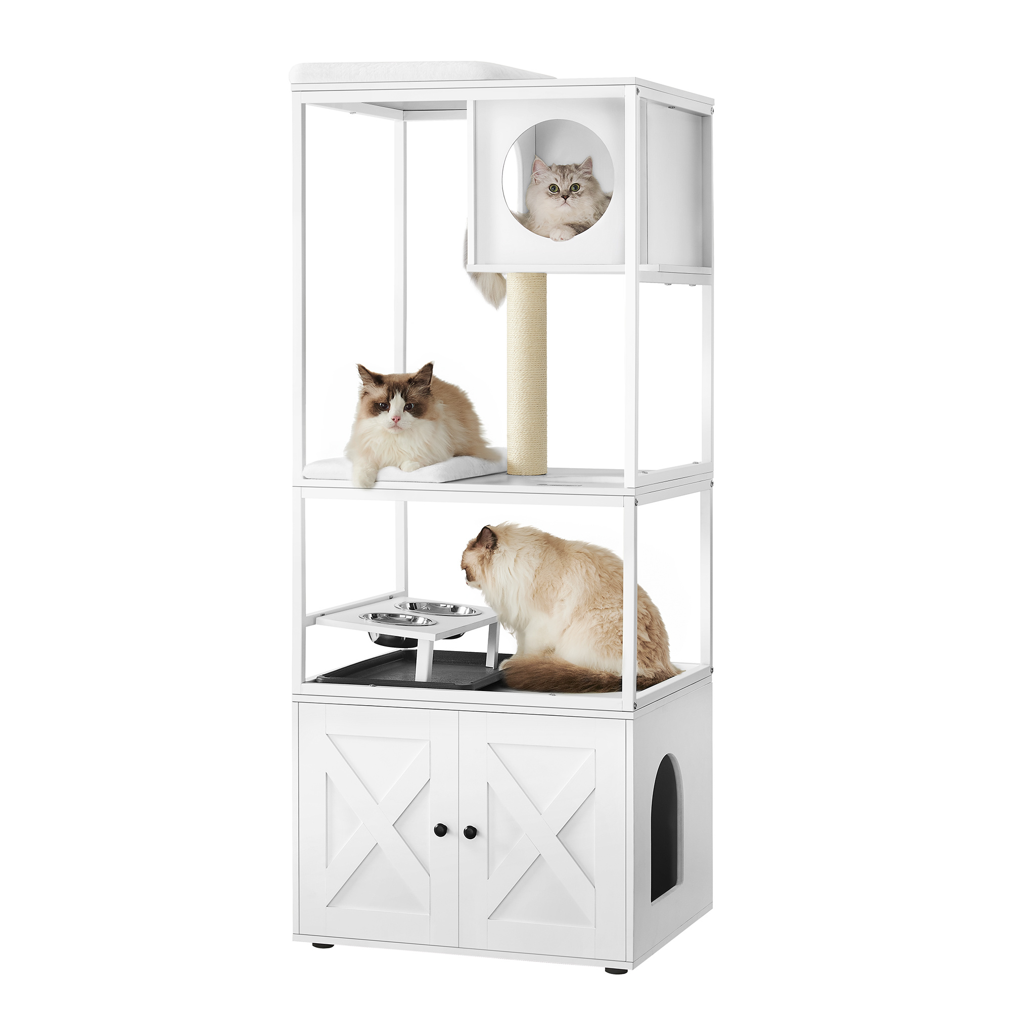 Scratching Tree, Cat Tree With Litter Box Cabinet, Elevated Feeding Stand, Sisal Post, Washable Cushions