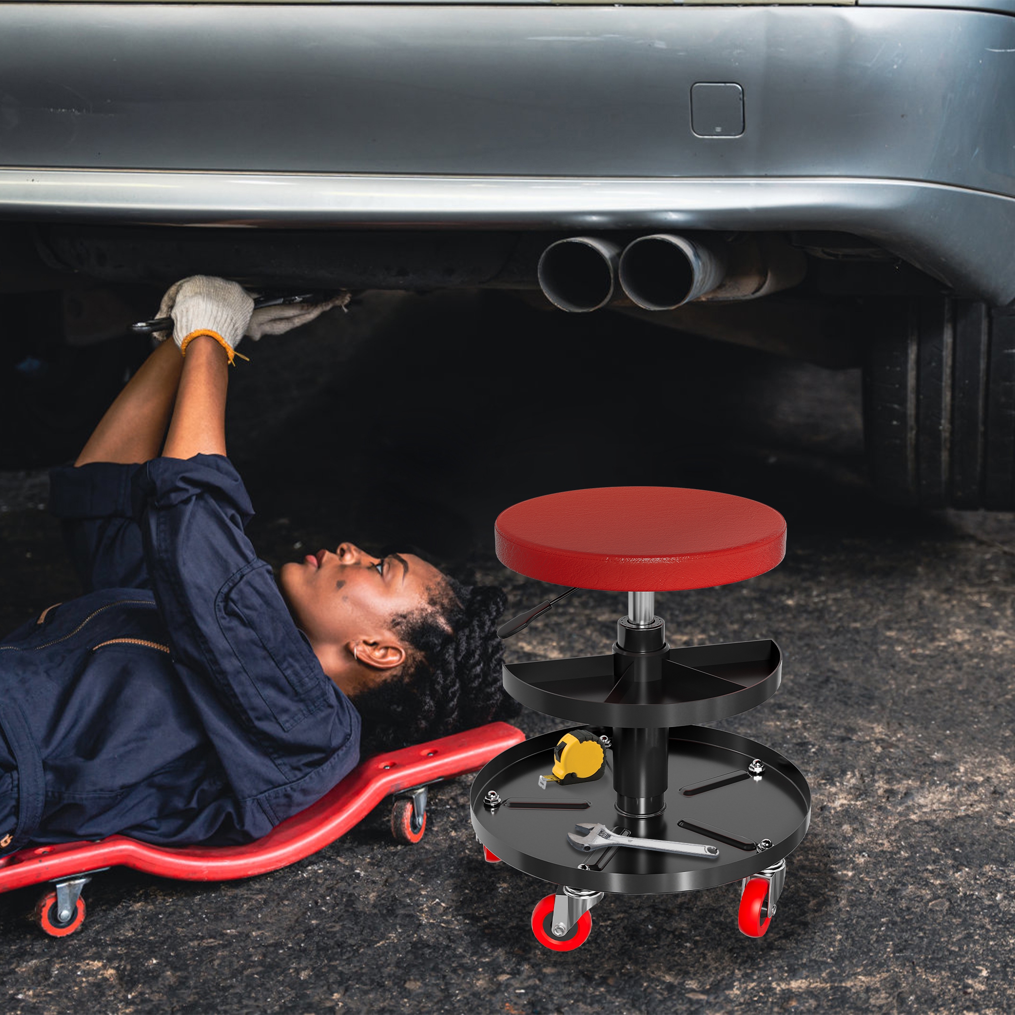 TEMU Workshop Stool Mobile Workshop Seat With Castors & Tools Storage Office Stool With Soft Cushion Assembly Rolling Board For Workshop Vehicle Care