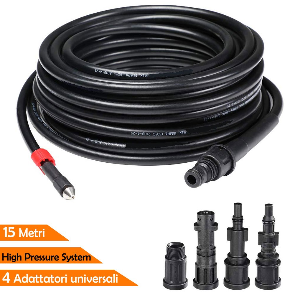 

Bakaji High Pressure Washer Hose Nozzle Anti-kink System Copper Internal Connector Pvc Coating Resistance 160 Bar With 4 Adapters