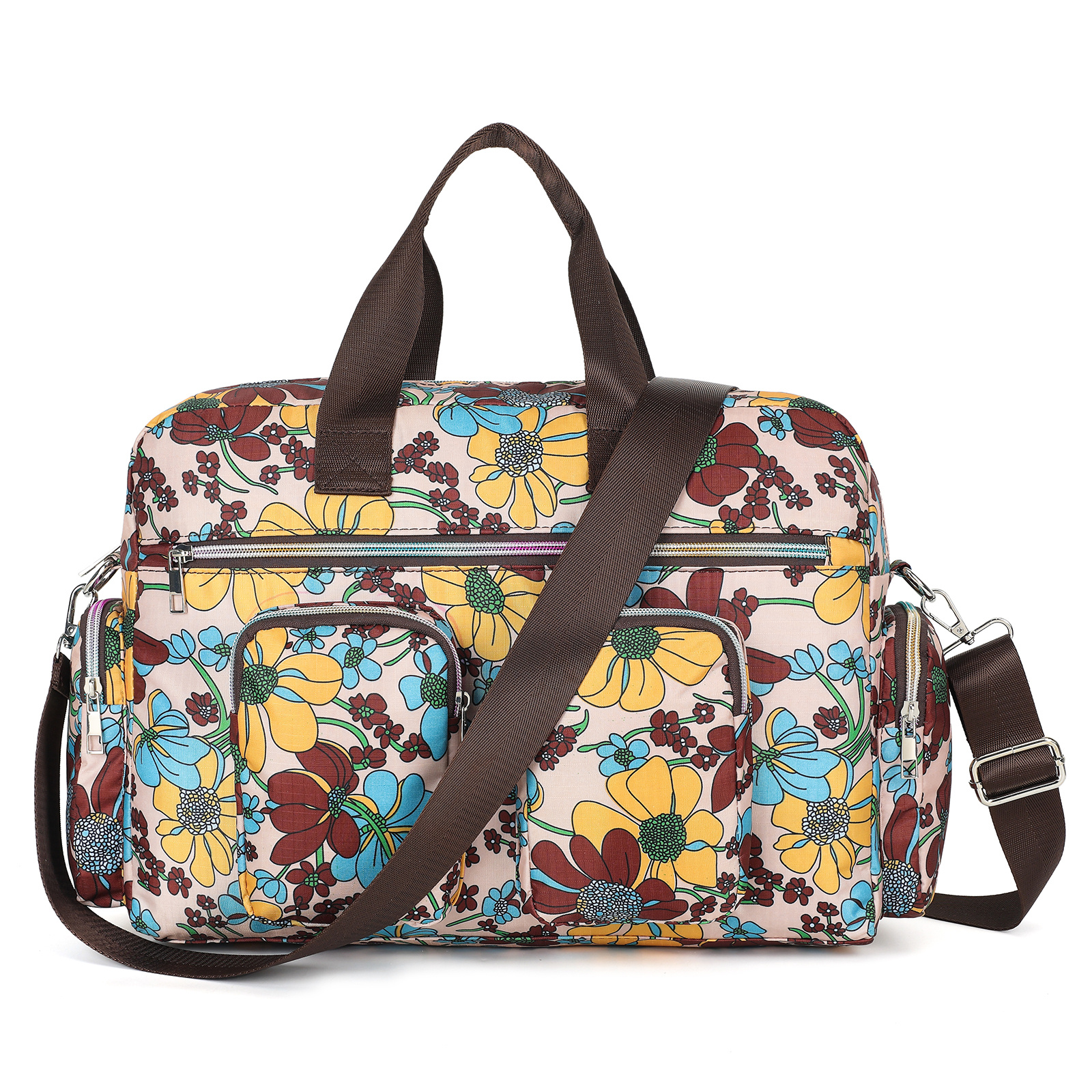 Image of 1pc Of Fashion Trendy Large Capacity Travel Tote Bag With Multiple Zippered Pockets And Flower Print Perfect For Daily Use Back To School Holiday Gift