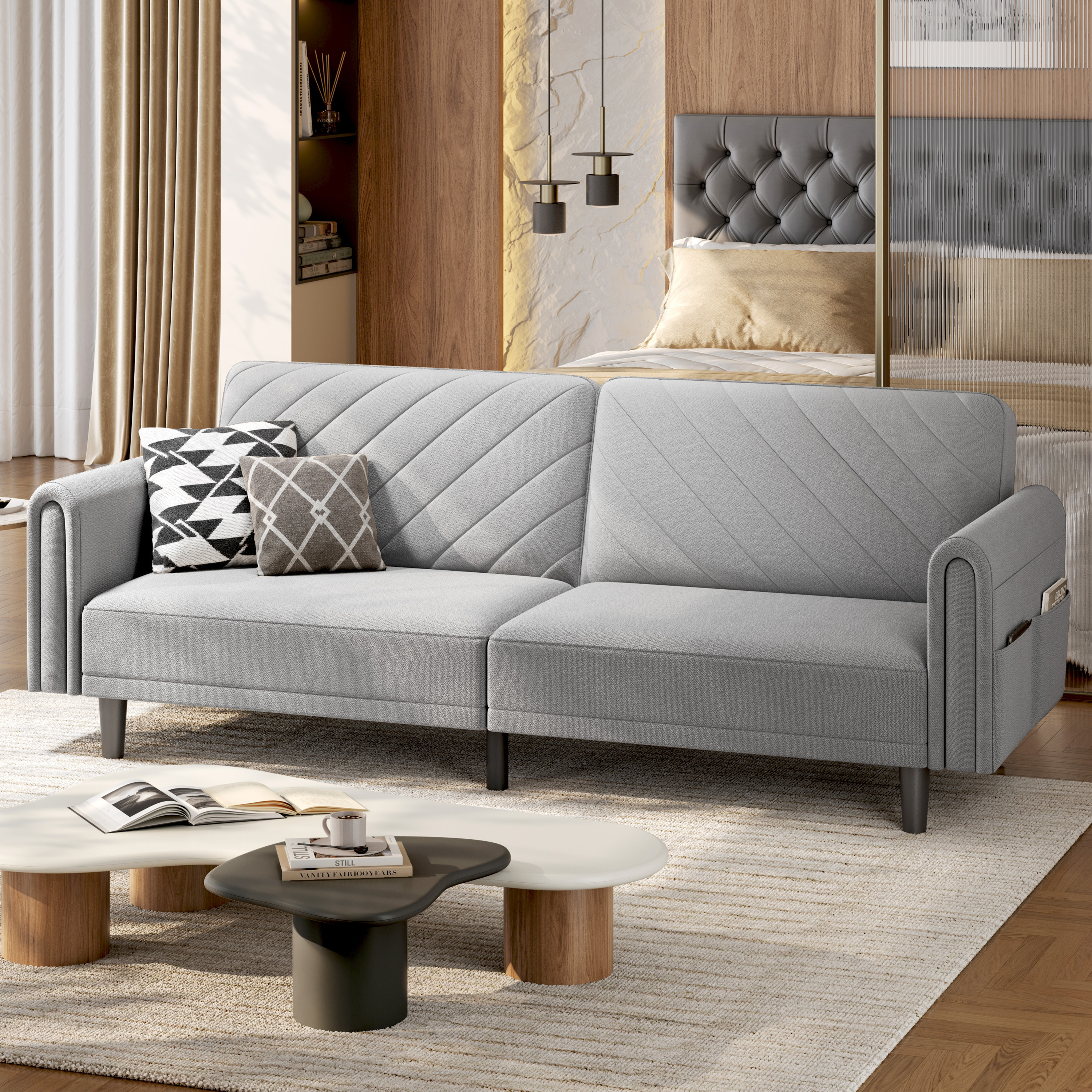 TEMU Costoffs Contemporary Sofa Bed Convertible Sofa Futon Couch Fabric 3-seater Sofa Bed For Small Space/apartments/guest Rooms/studios, Beige/dark
