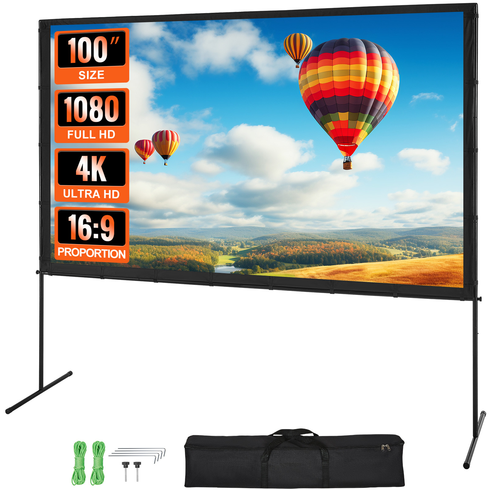 Image of Vevor Projector Screen With Stand, 100 Inch 16:9 4k 1080 Hd Outdoor Movie Screen With Stand, Wrinkle-free Projection Screen With Bar Feet And Carry Bag, For Home Theater Cinema Night