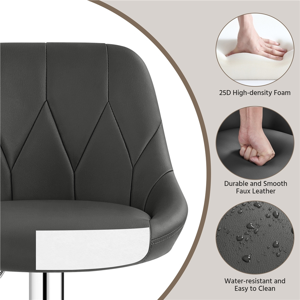 2pcs bar stools faux leather swivel barstools height adjustable modern bar chairs with ergonomic backrest cushioned seat chrome footrest for home kitchen   counter dark grey black   white light grey details 1