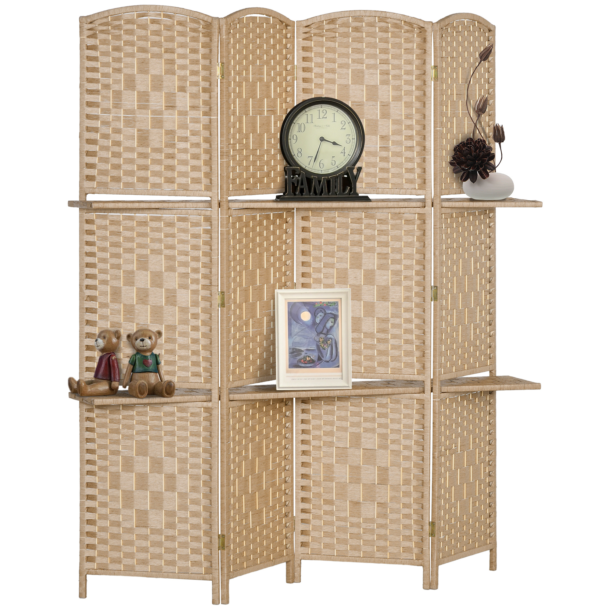 TEMU HOMCOM Paravent séparateur de pièce 4 panneaux 160 cm avec 2 étagères, pliable, en bois pour , salon, chambre, bois naturel
