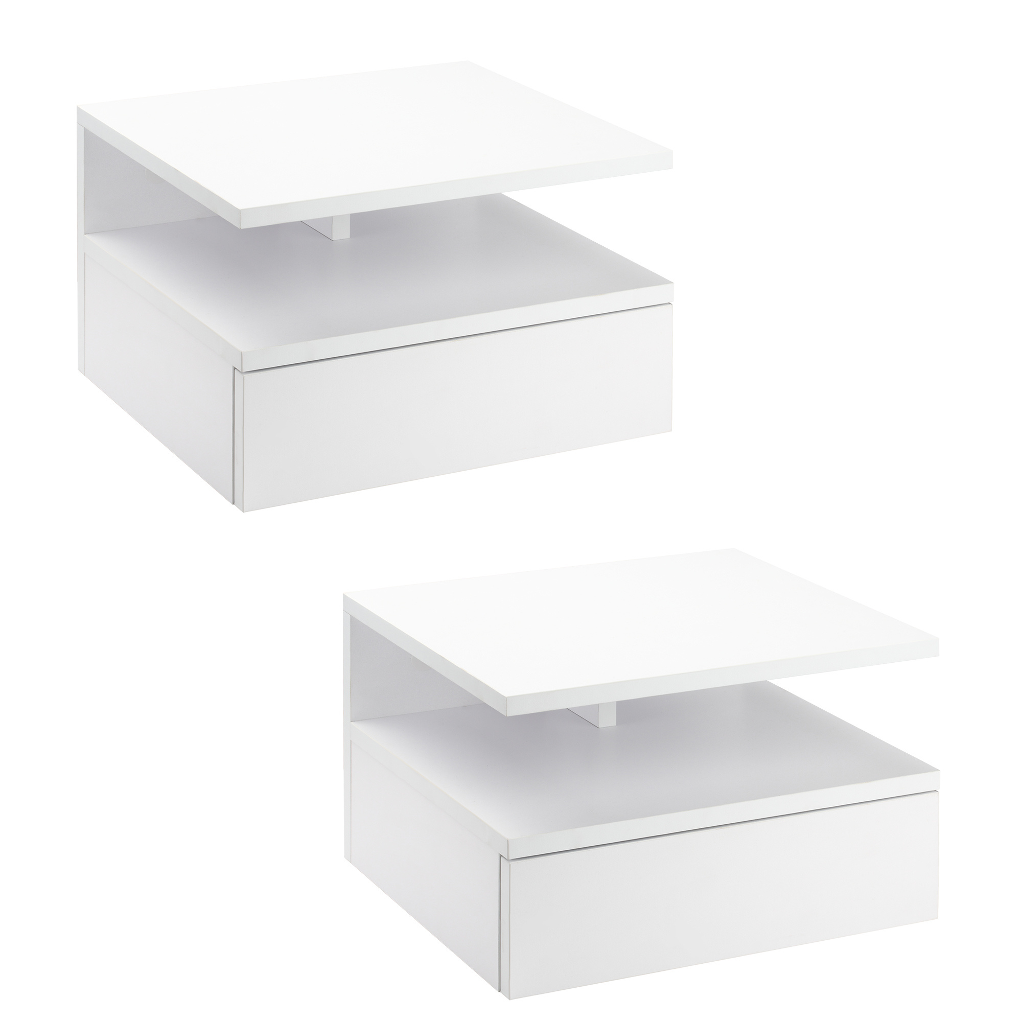 E-shop HOMCOM 2-teiliges Set an der Wand montierter Nachttische - 2-teiliges Set Nachttische - Schubladen, Nischen, Regal - Partikelholz weiß