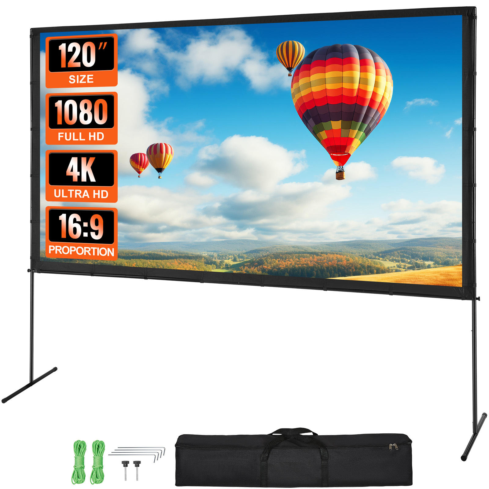 Image of Vevor Projector Screen With Stand, 120 Inch 16:9 4k 1080 Hd Outdoor Movie Screen With Stand, Wrinkle-free Projection Screen With Bar Feet And Carry Bag, For Home Theater Cinema Night
