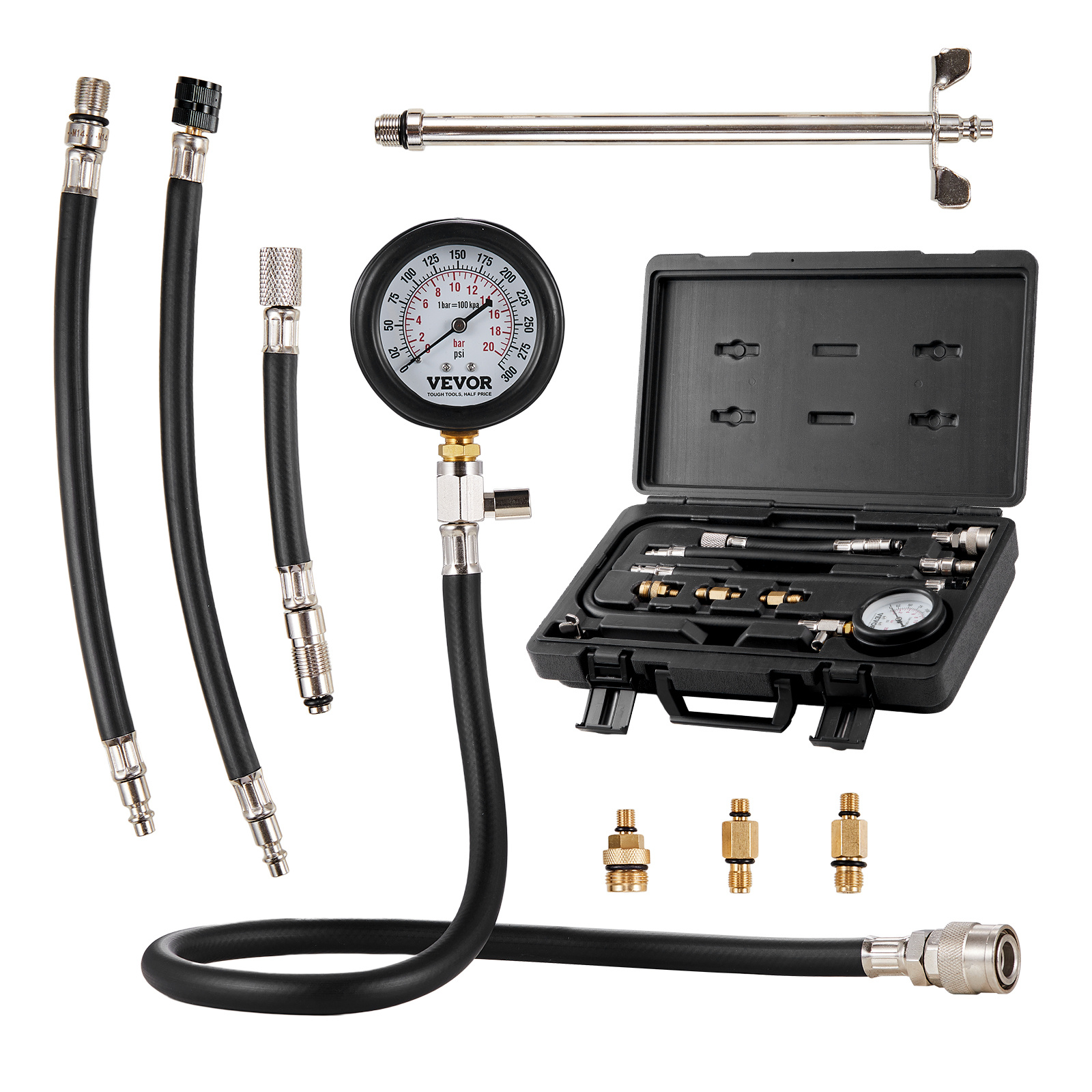 Vevor Compression Tester Adapter Kit, 9pcs Automotive Engine Cylinder Leak Down Compression Test, Accurate Dual Scale Pressure Gauge 0-300 Psi, With Long Reach Hoses And Case For Engine Cylinders