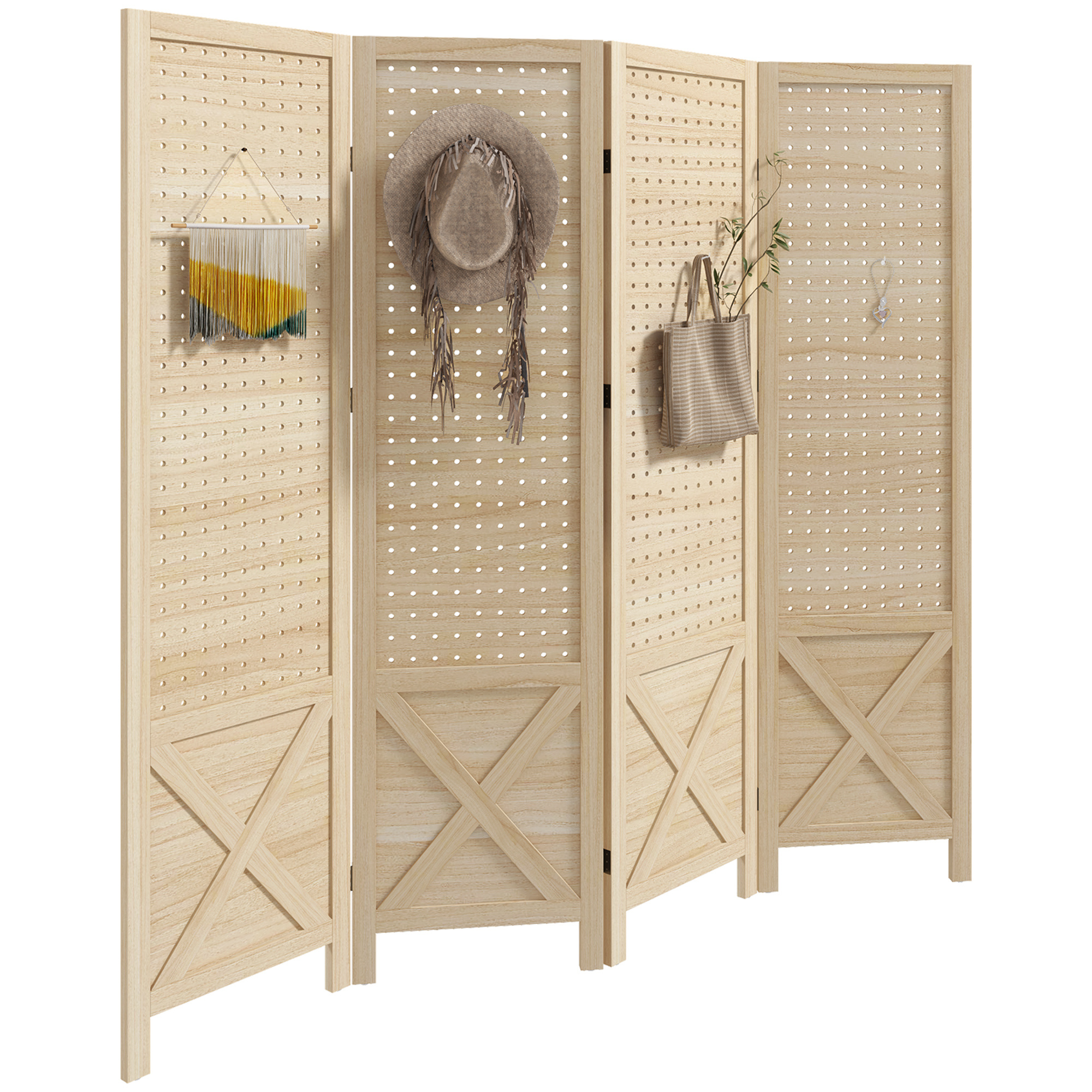 TEMU HOMCOM Paravent intérieur en bois, 4 panneaux, 152 x 144,5 cm, panneau perforé, séparateur de pièce pliable, Panneau perforé pour salon, chambre