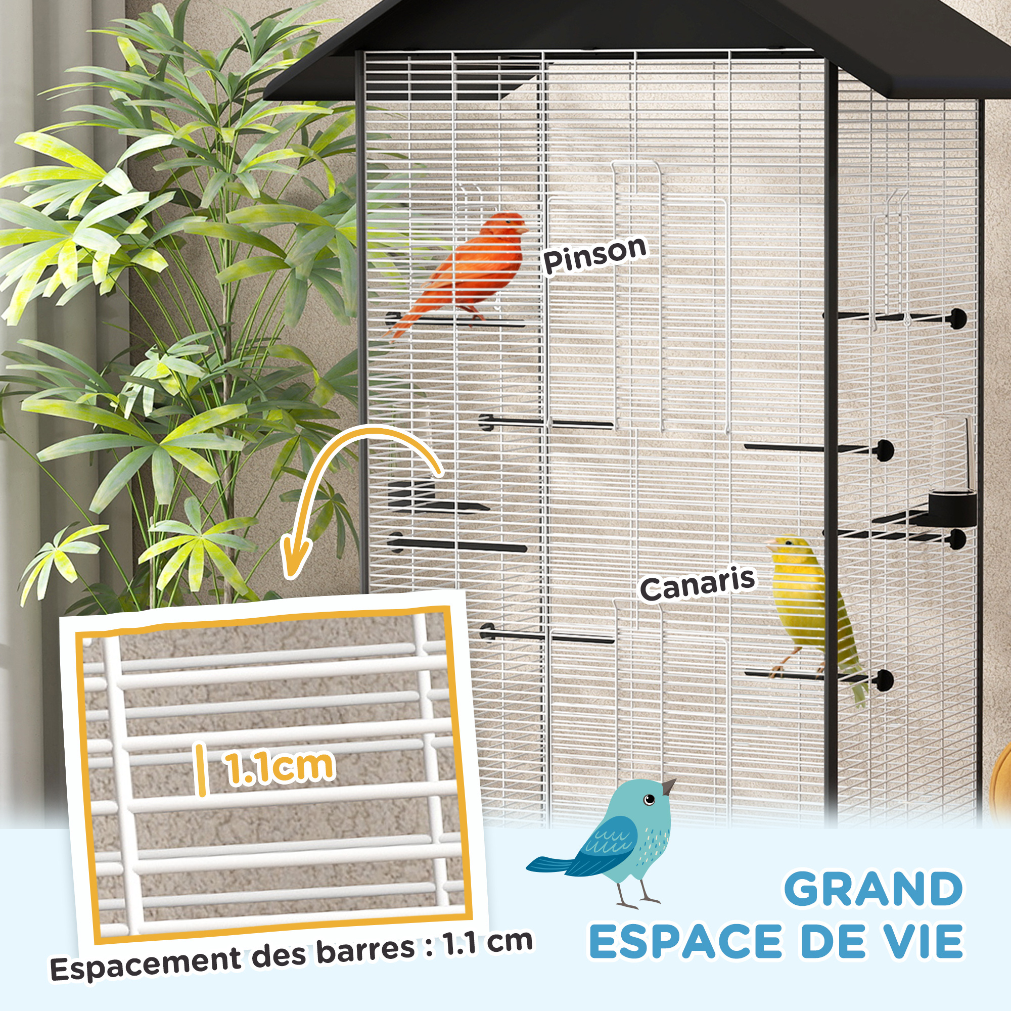 Image of Pawhut Bird Cage On Stand, Indoor Bird Aviary On Wheels, With Sliding Tray, 2 Feeders And 8 Perches, For , 79 X 155 Cm, Steel Wire, Black
