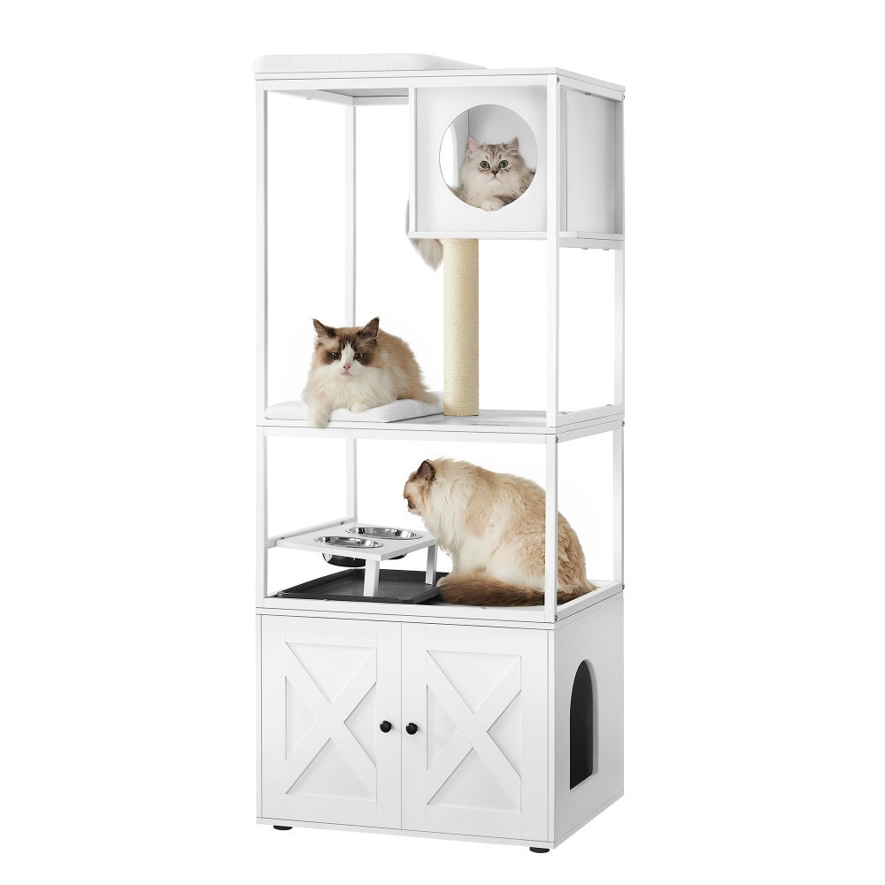 E-shop Kratzbaum 3-in-1, mit Katzenklo-Schrank, erhöhter Napfständer