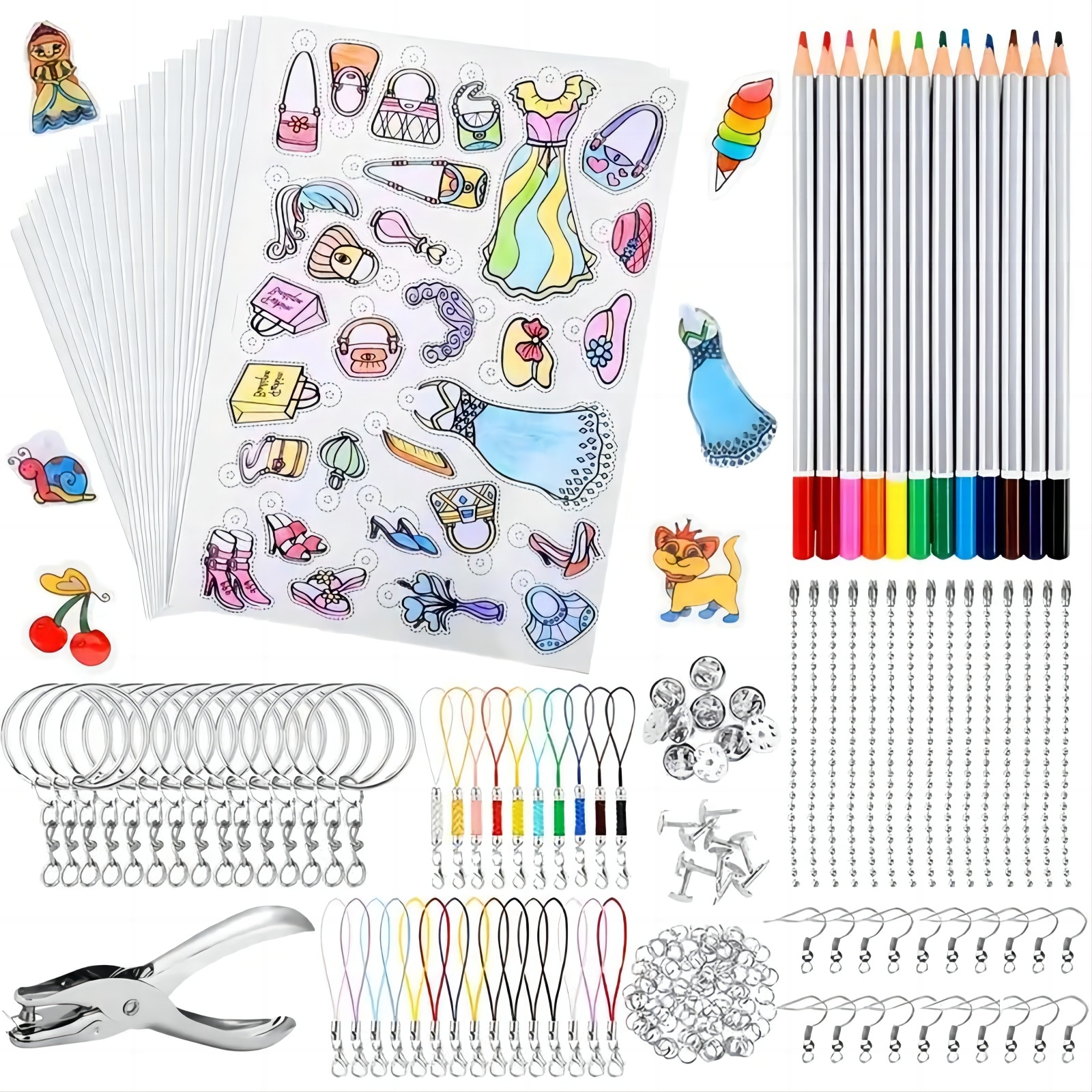 

218 Pieces Shrink Wrap Kit, Colored Pencils, Puncher, 15 Sheets Blank A4 And 5 Sheets Semi-transparent Patterned Colored Shrink Wrap Kit, Diy Craft Keychain Decoration