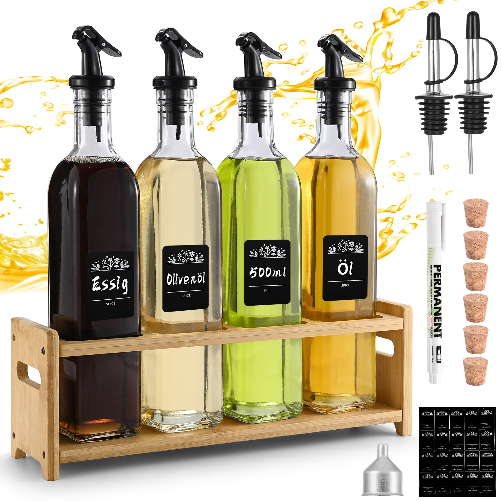 

Olive Oil Bottle With Wooden Stand 500 Ml 4-piece Set, Glass Olive Oil Dispenser With Pourer, Olive Oil Bottle With Funnel And Label, Vinegar And Oil Bottle Set, Kitchen Oil Bottle With Storage Cork