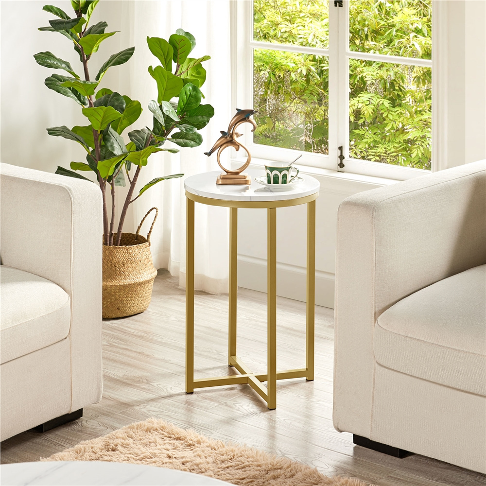 E-shop Costoffs Beistelltisch Runder Couchtisch mit Marmorimitat-Tischplatte, Nachttisch Sofatisch mit Metallgestell