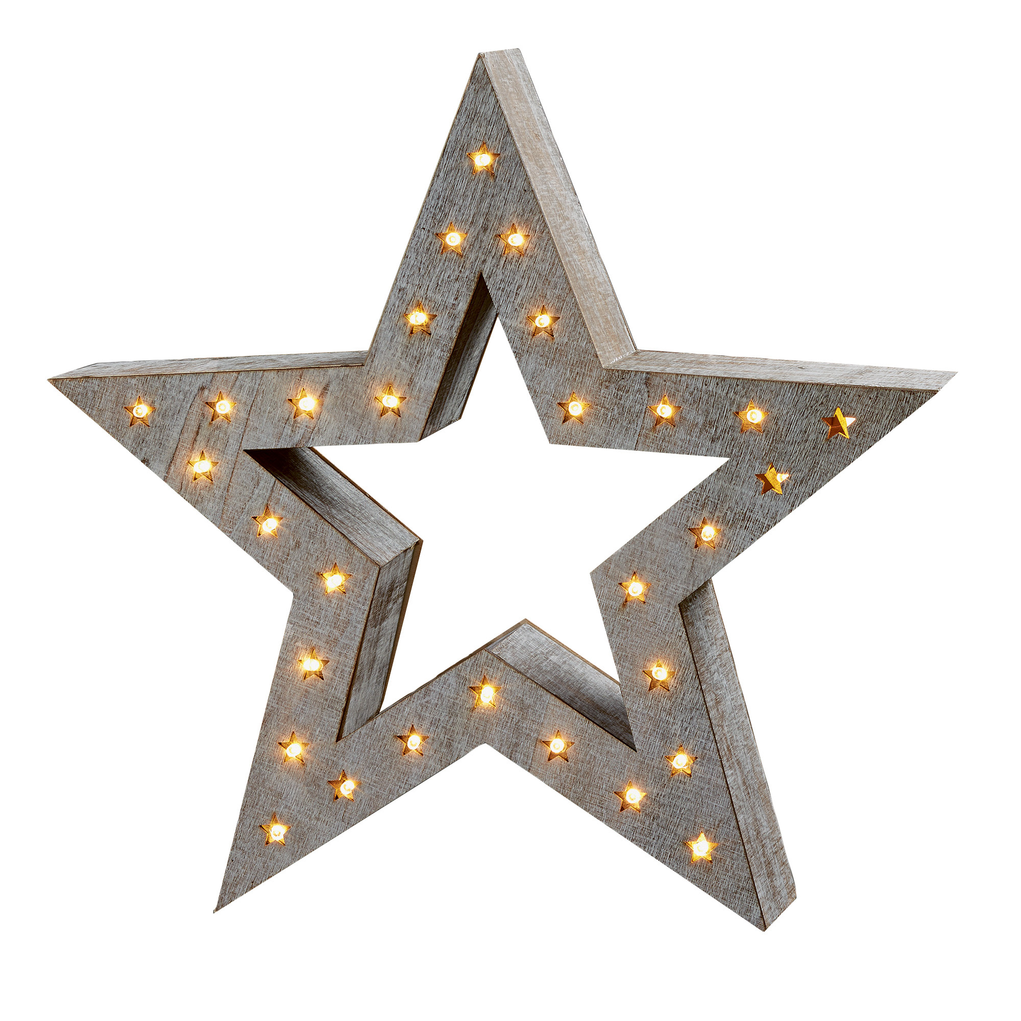 E-shop Hellum LED Stern mit Timer, Holzstern weiß gebeizt, 30 warm-weiße LED, Ø 36cm, batteriebetrieben (3xAA, Nicht inkl.!), Deko , Wohnzimmer,