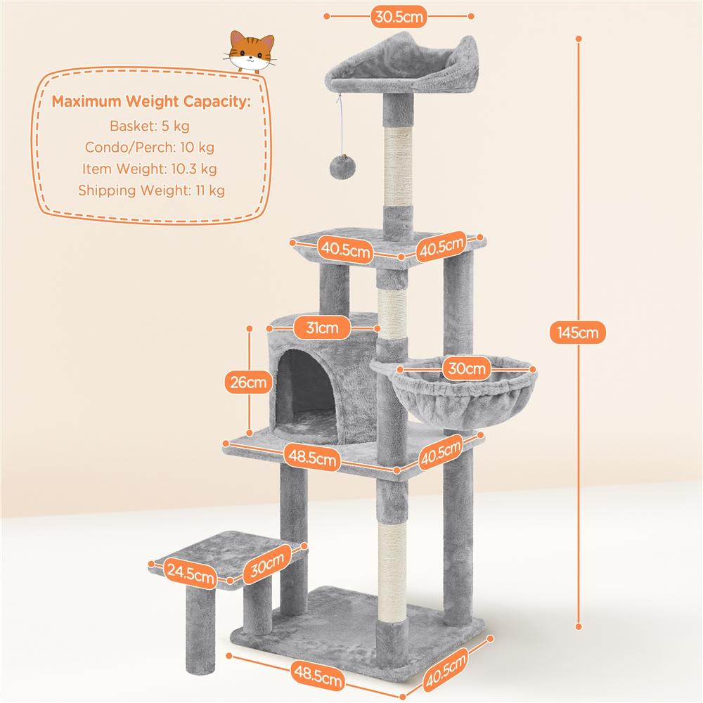 E-shop Costoffs Kratzbaum Katzenbaum 145 cm Stabiler Katzenkratzbaum mit Aussichtsplattform Liegemulde Sisalstämme Kletterbaum für kleinen mittelgroßen