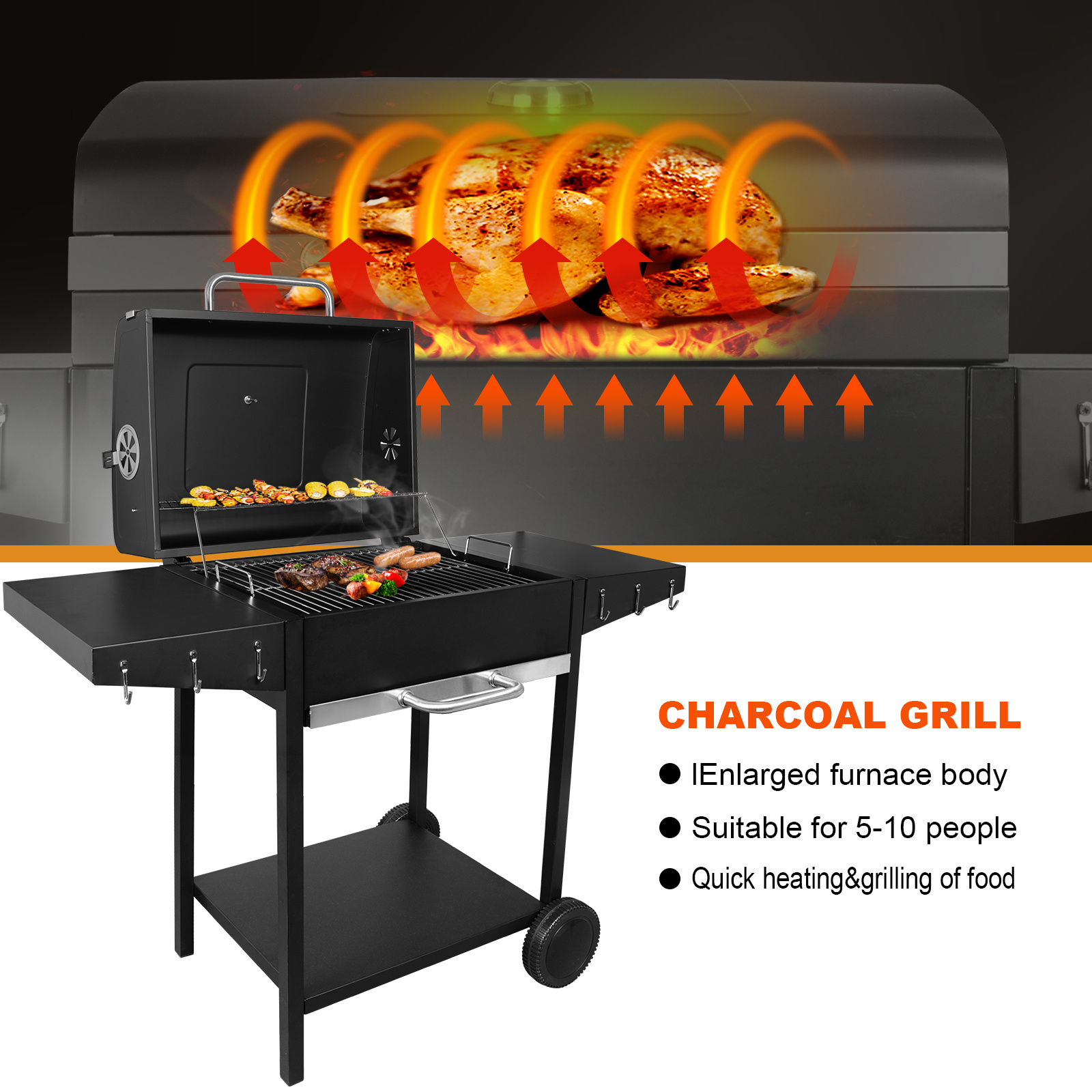 

Grill Cart Charcoal Grill With Lid, Xxl Charcoal Grill With Wheels & Thermometer And 2 Shelves, Large Charcoal Bbq Grill For Camping And Garden