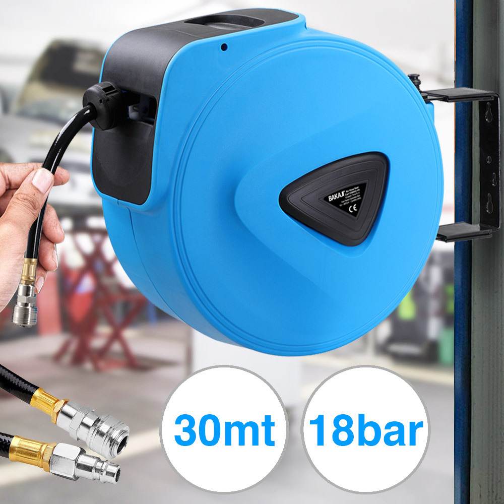 TEMU BAKAJI Carrete de Manguera de Aire con Manguera de 30m, Conexión de 1/4", de Montaje en Pared, Bloqueo Automático, Accesorio Ahorrador de para
