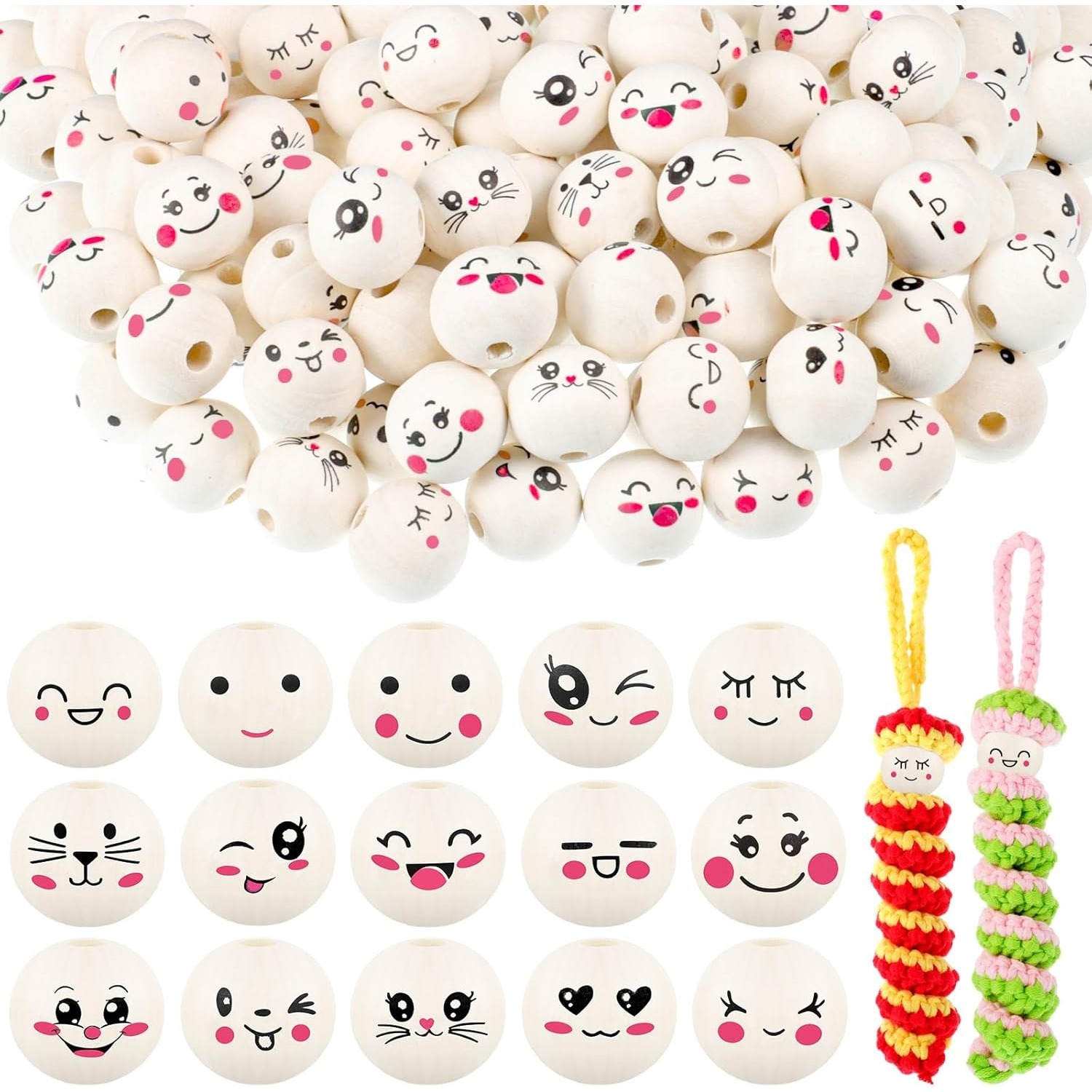 

150 Pieces Of Wooden Beads With Faces 15 Styles Of Wooden Balls With Hole 20mm Wooden Beads Natural Wooden Heads For Worry Worms Making Crafting