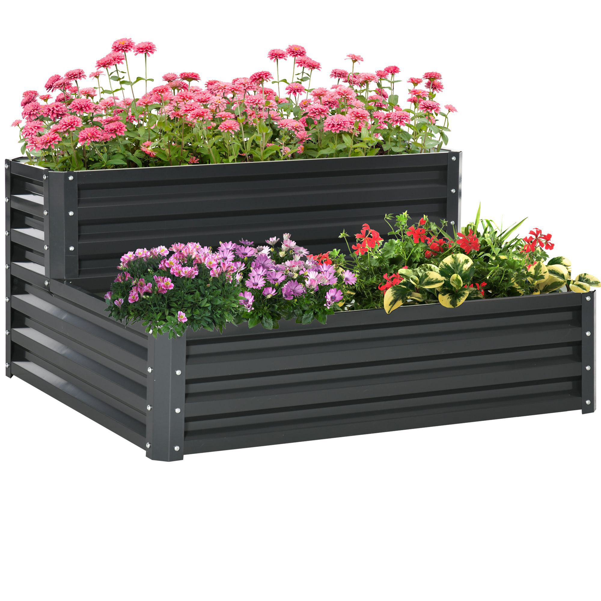 Image of Outsunny Planter In Steel Raised Garden Bed With Open Bottom 2 Floors For Herbs, Vegetables, Fruits, Flowers 120 X 101 X 58 Cm Dark Gray