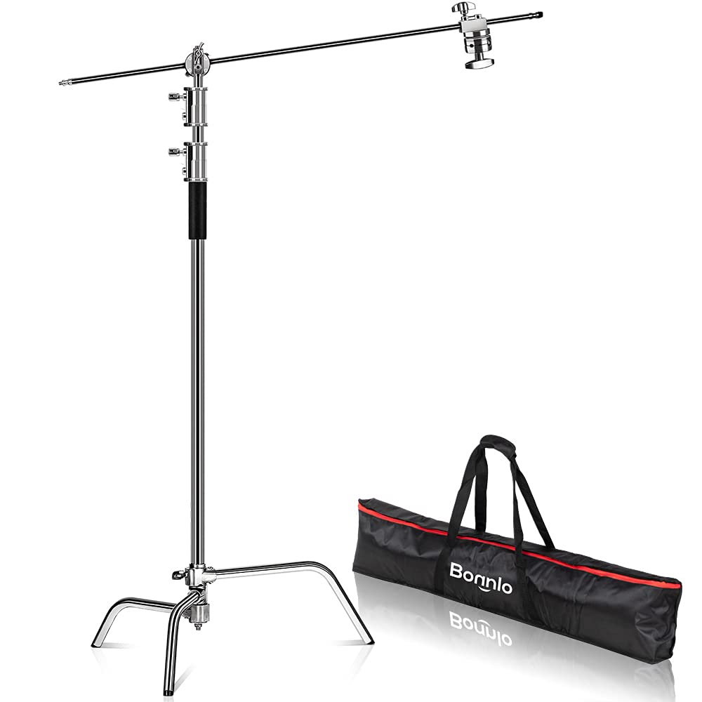 Image of Adjustable Stainless Steel Tripod With Boom Arm For Photo Screens, Reflectors, Softboxes, And Lamps, Bonnlo C Stand, 150-300cm