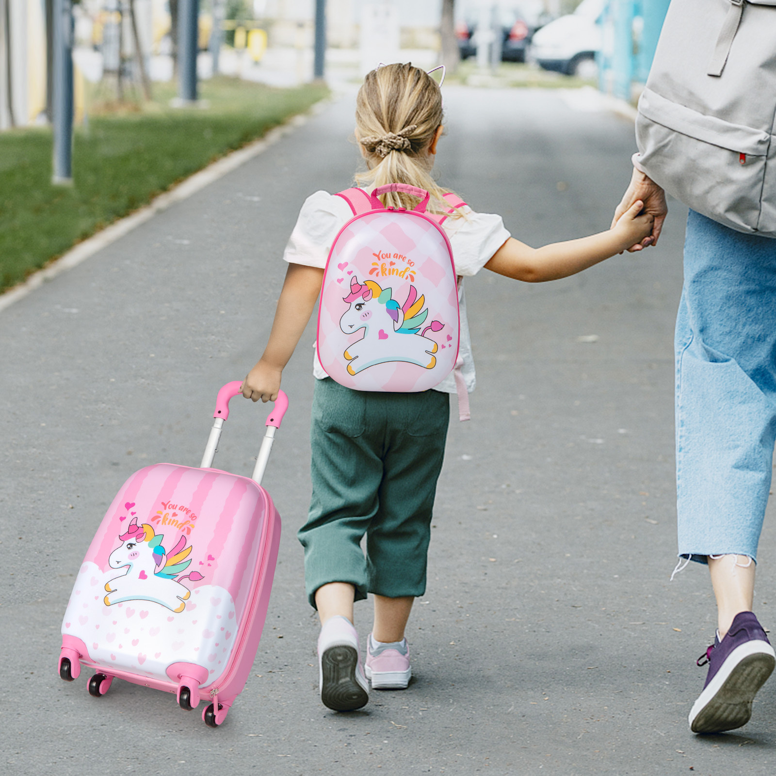 TEMU Costway 2 Pieces Kid Luggage Set, 12" Backpack & 16" Kids Carry On Suitcase Set, Travel Suitcase With Wheels & Retractable Handle For Toddler,