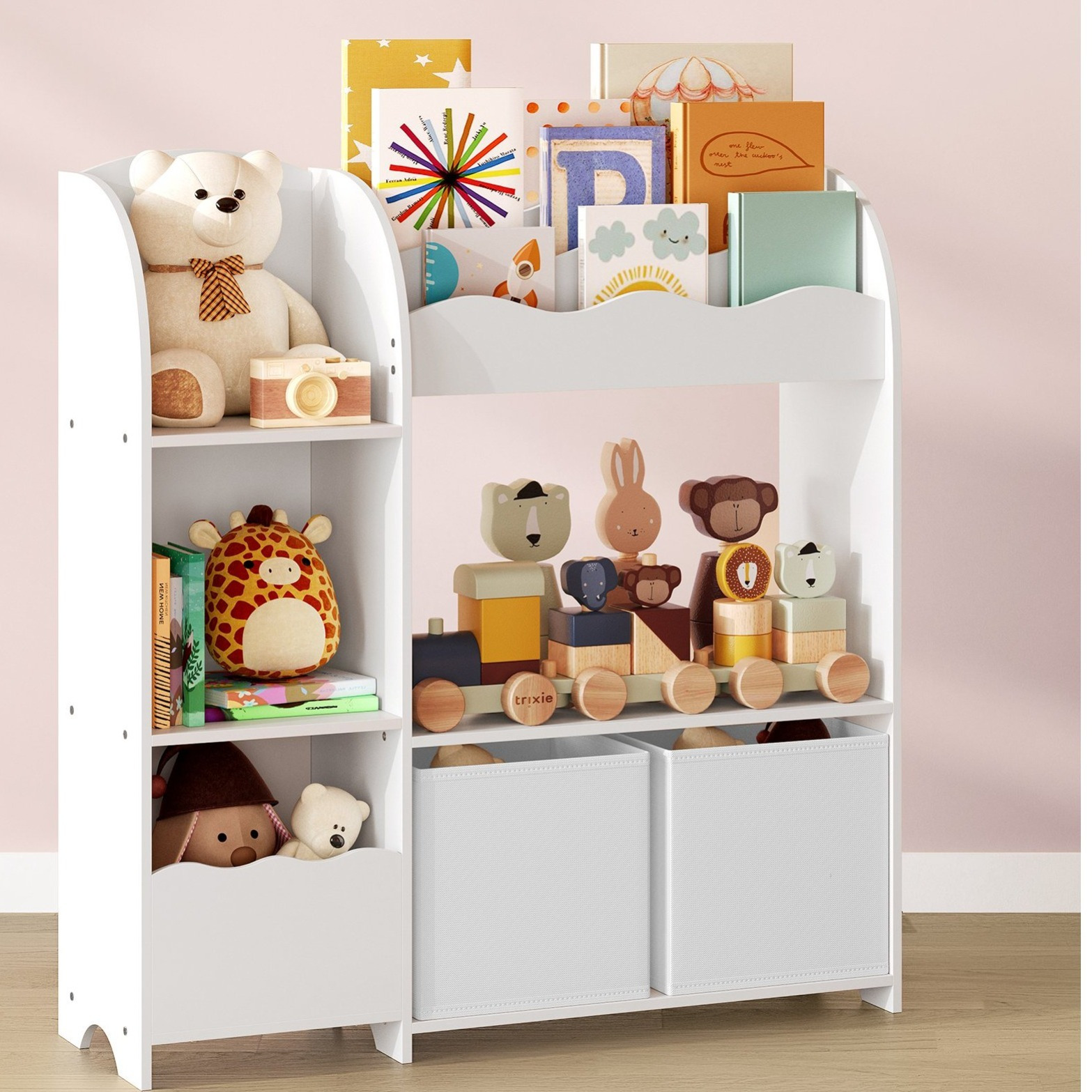 E-shop Bücherregal, Regal, mit 2 Aufbewahrungsboxen, für Bücher, Arbeitszimmer, Schlafzimmer, Wohnzimmer