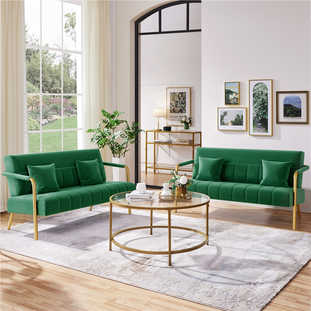 Modern Velvet Sofa Couch 143.5cm Small Loveseat with Gold tone Legs Upholstered Design 2 Pillows Ideal for Bedroom
