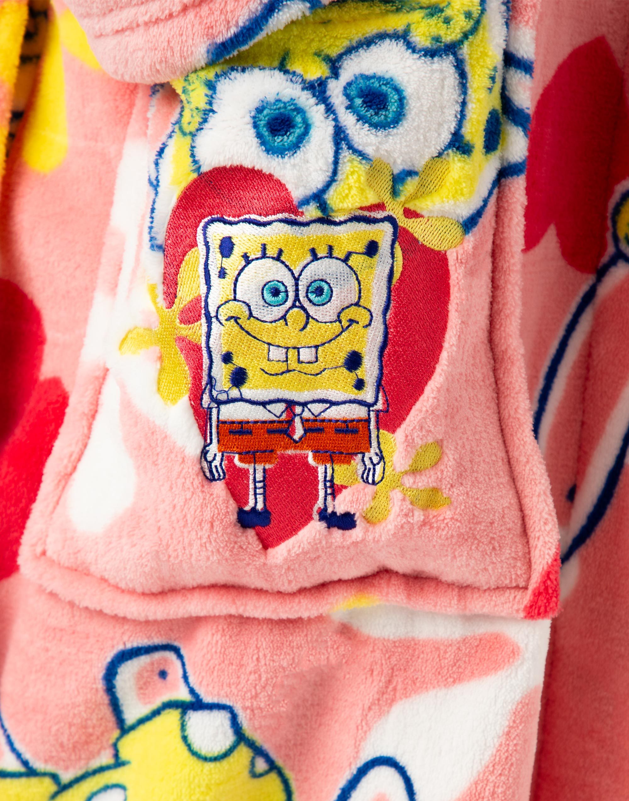 SpongeBob SquarePants Womens Bathrobe | Ladies Pink Dressing Gown | All over Print Sponge Bob & Patrick Loungewear | Cartoon Hooded Toweling Lounge Robe Merchandise Gift for Her