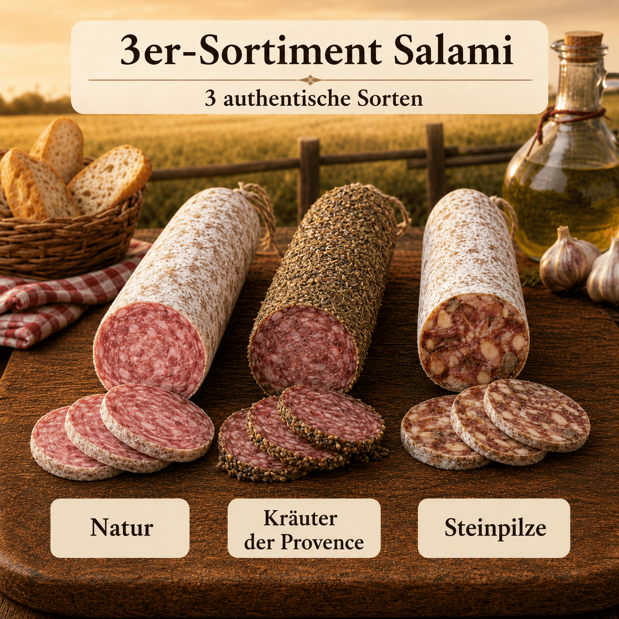 Image of 3rd Assortment Salami - Flavors Natural, Herbs Of Provence And Porcini Mushrooms ◈ Salami 100% French ◈ Natural Casing And Hand-tied ◈ Artisanal Production From The Chillet House Since 1902