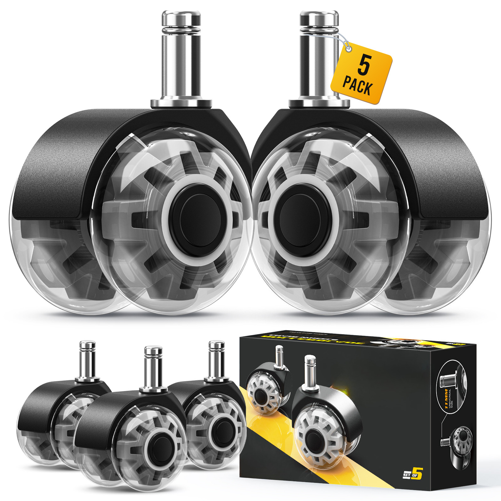 Image of Lingsen 5pcs Set Of Casters, Casters For Office Chairs, Replacement Wheels For Office Chairs On Carpet And Floors, Durable Office Chair Casters Replace Floor Mats 11x22mm, Transparent