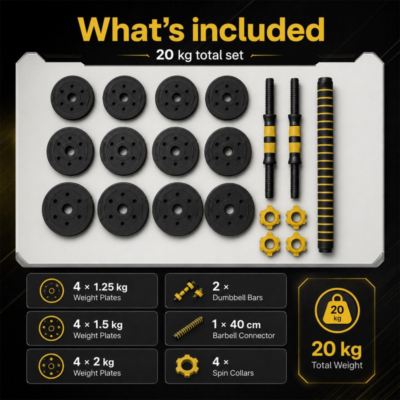 20KG Adjustable Dumbbell Set 3-in-1 Weight Set with Connector Bar
