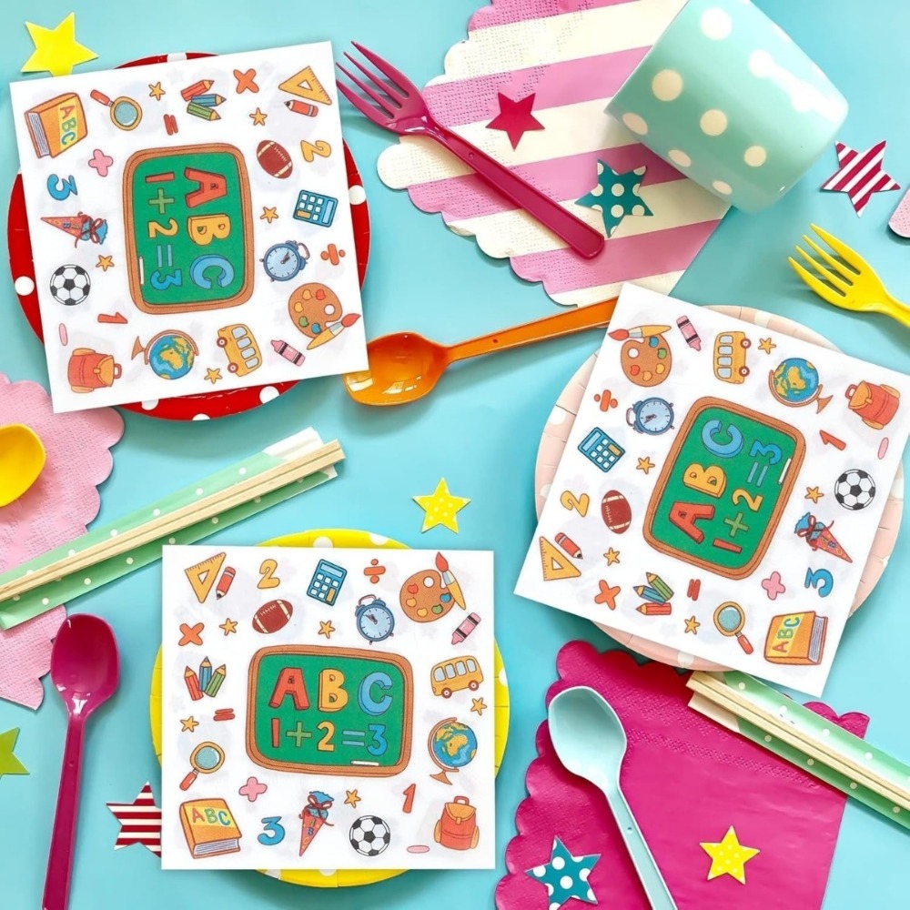 E-shop 40 Stücke Schulanfang Servietten Einschulung Papierservietten mit ABC Zuckertüten Schule Partyservietten Tischdeko für Jungen Klassenzimmer