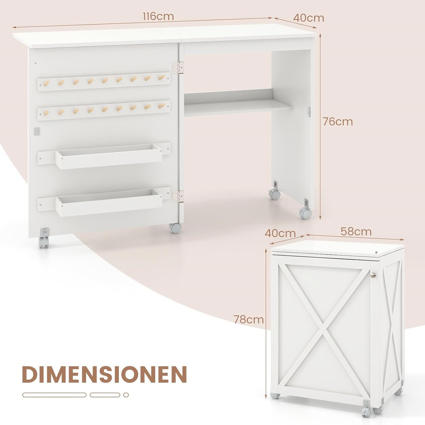 2 in 1 foldable sewing cabinet and desk multi purpose craft station with storage space 2 trays 18 clamps barn door and 5 lockable casters for small rooms white