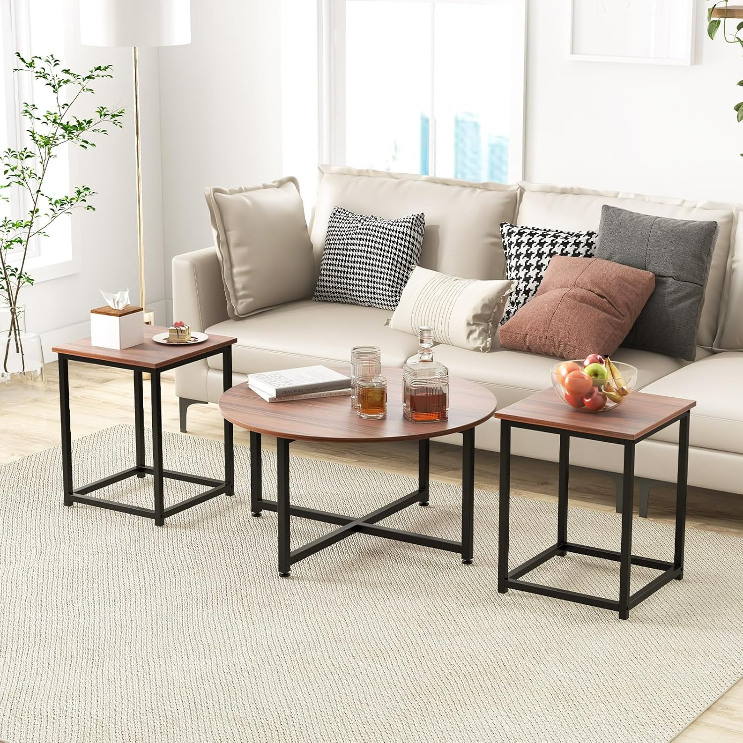 3pcs Set Coffee Table, Side Table Metal Frame, 1 Round Coffee Table & 2 Square Tables, Sofa Table Living Room Table Coffee Table Modern, Set Table For Living Room Bedroom Brown
