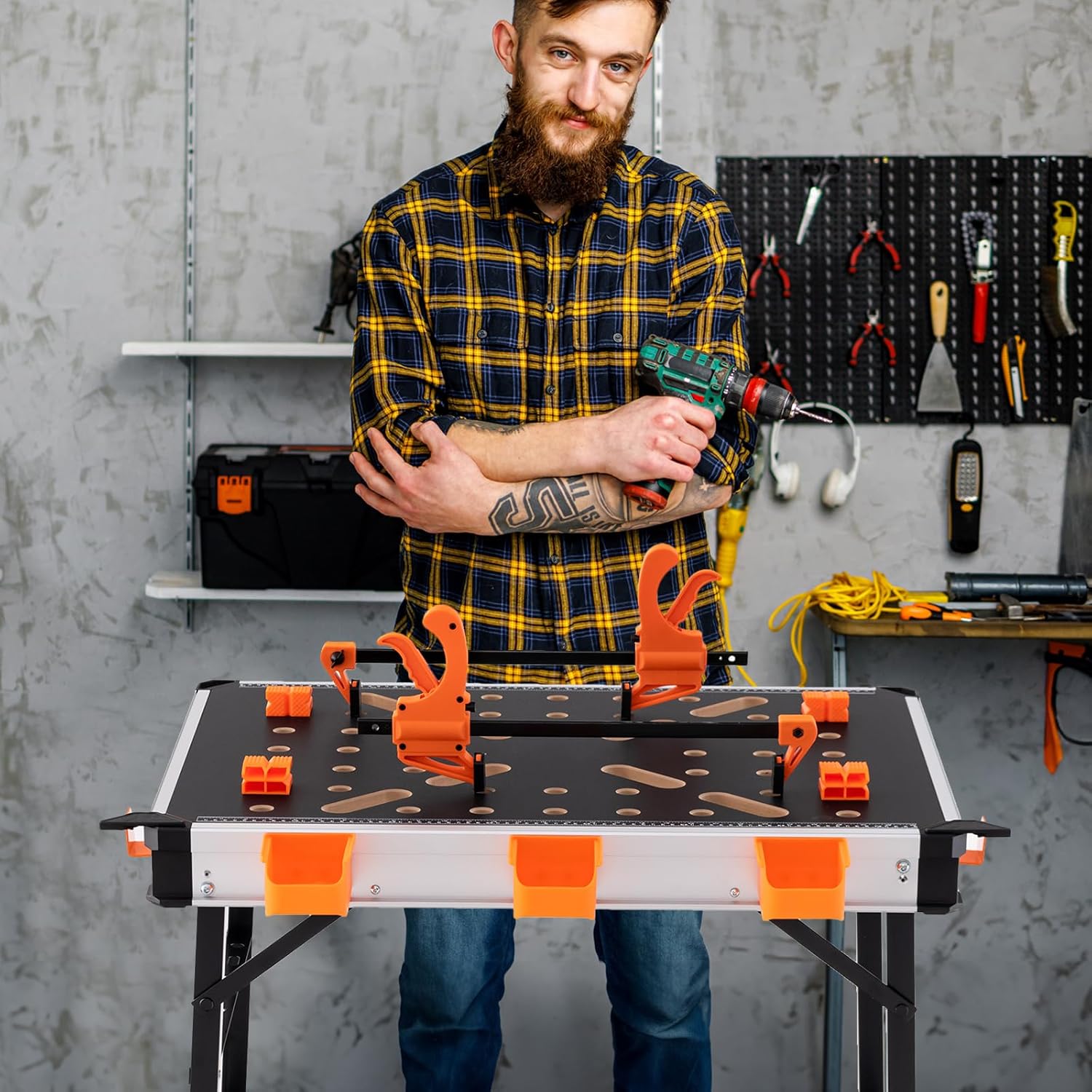 Folding Worktable, Workbench With 2 Quick Clamps, 4 Clamp Hooks, 3 Tool Boxes & Metal Frame, Worktable Loadable Up To 454 Kg, Tool Table For Garage Workshop