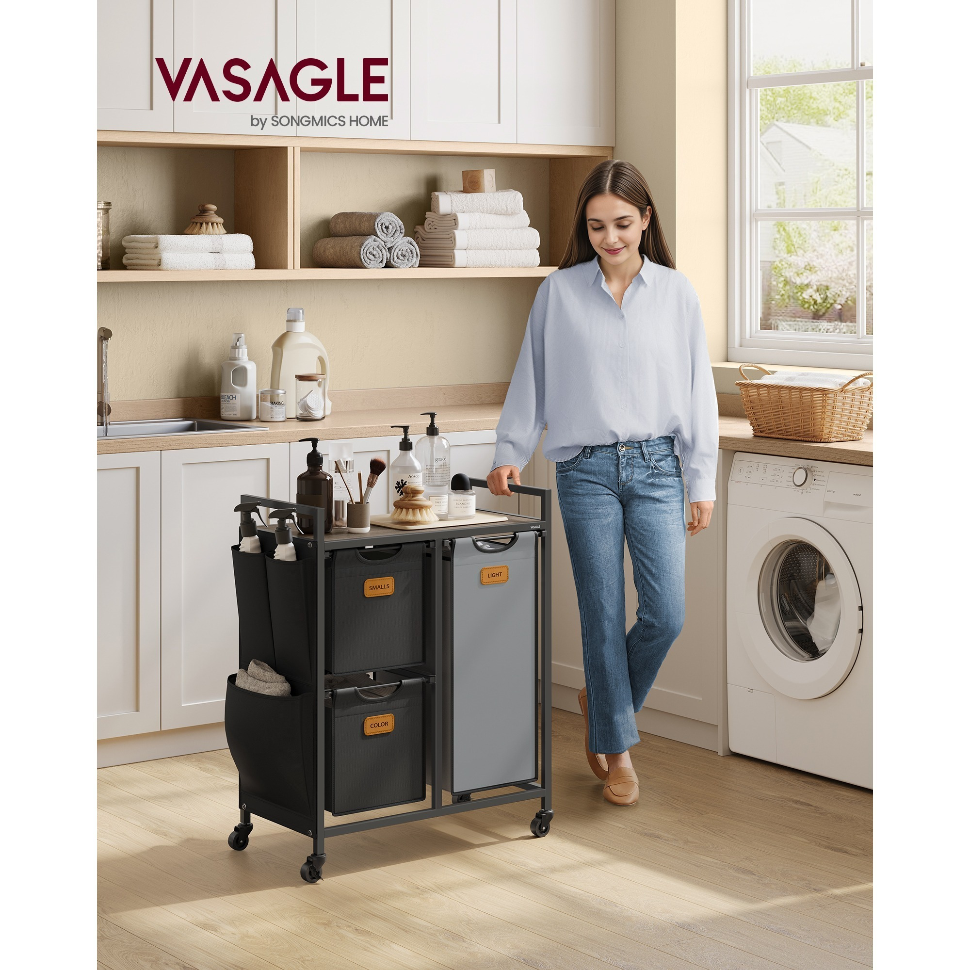 

Vasagle Laundry Basket 3 Compartments, Laundry Collector L, Laundry Sorter, Wheels, Laundry Trolley With Shelf, Laundry Bag, Small , 6 Labels,