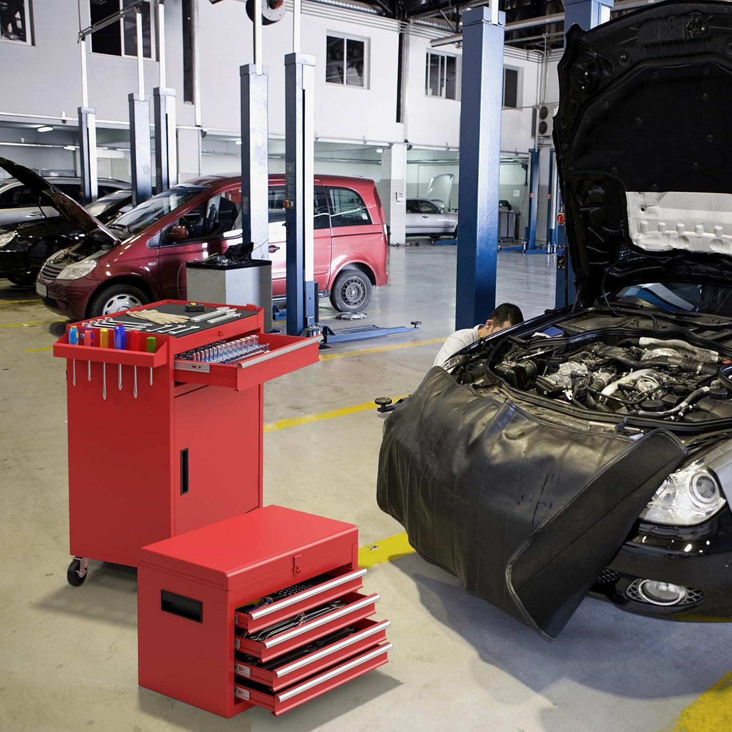 Image of 2 In 1 Workshop Trolley . Case & 8 Compartments & Hooks & Adjustable Shelf, Lockable Tool Trolley On Wheels Without Tools, Professional Workshop Trolley Kg Load Capacity, 59x28x102cm, Storage Trolley