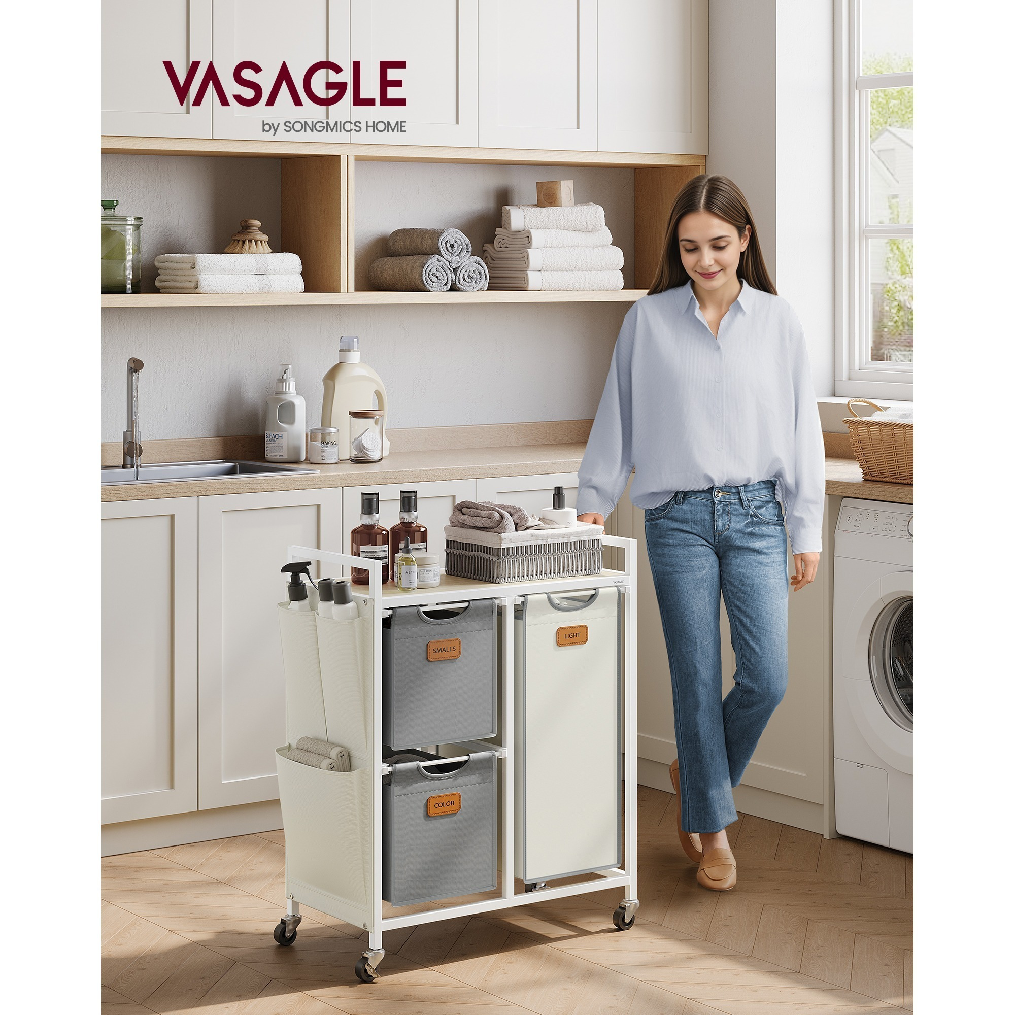 

Vasagle Laundry Basket 3 Compartments, Laundry Collector L, Laundry Sorter, Wheels, Laundry Trolley With Shelf, Laundry Bag, Small , 6 Labels,