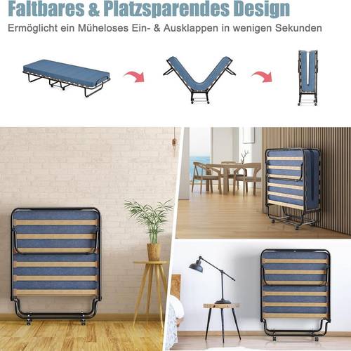 80x190cm guest bed with mattress made of rebound foam foldable single bed stable metal to 130kg loadable folding bed on wheels portable bed for office blue