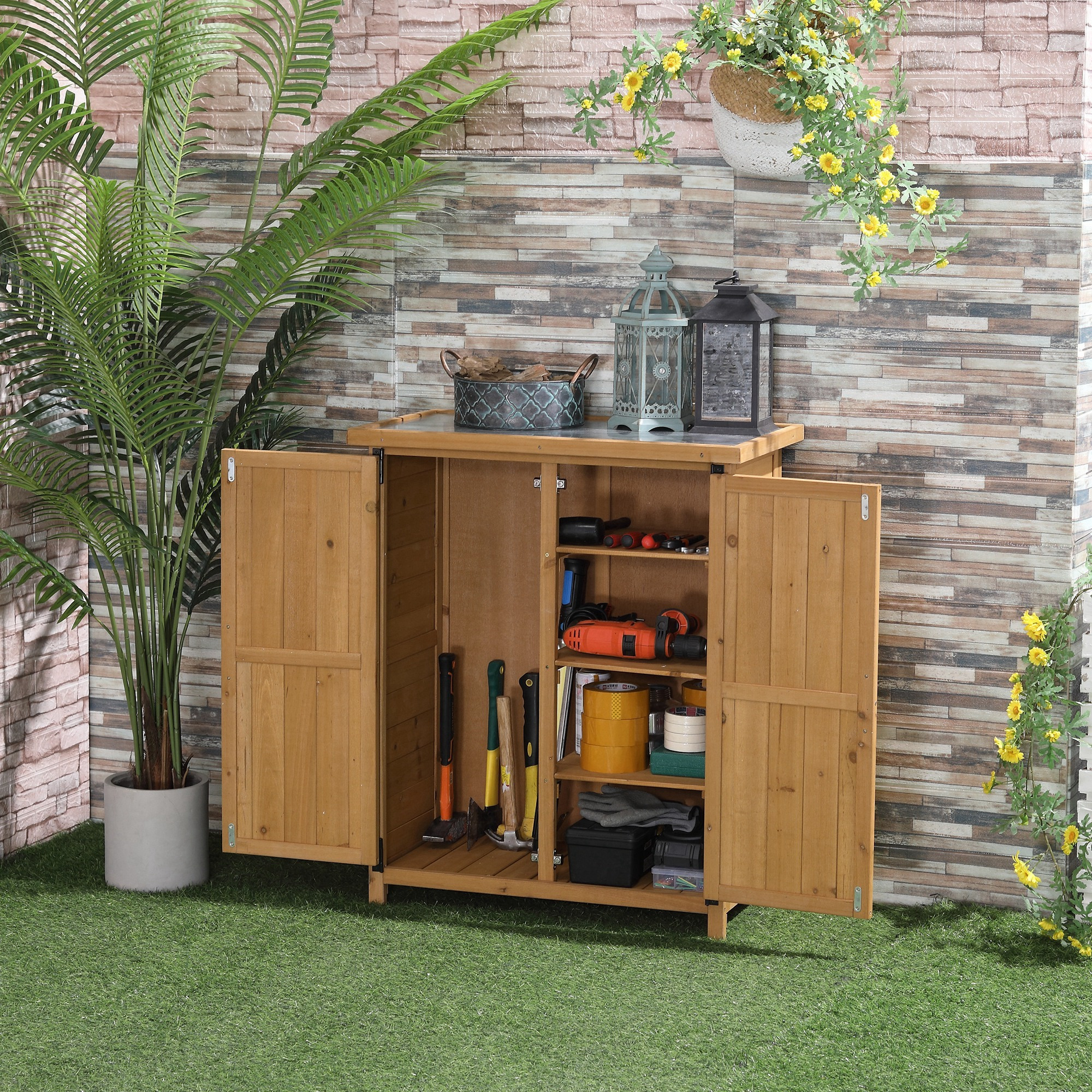 Image of Outsunny Wooden Garden Storage Shed 0.24 M² 75x40x90 Cm With 2 Doors, 4 Shelves, And Galvanized Roof For Tool Storage, Natural