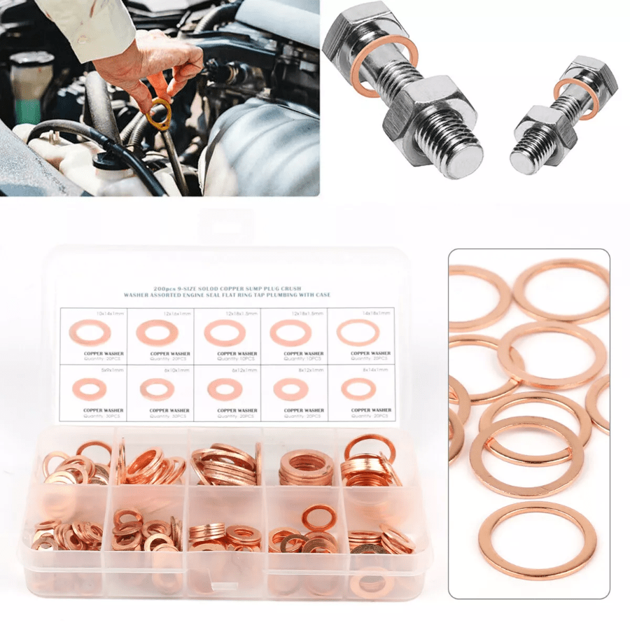 200Pcs Assorted Solid Copper Car Engine Crush Washers Set