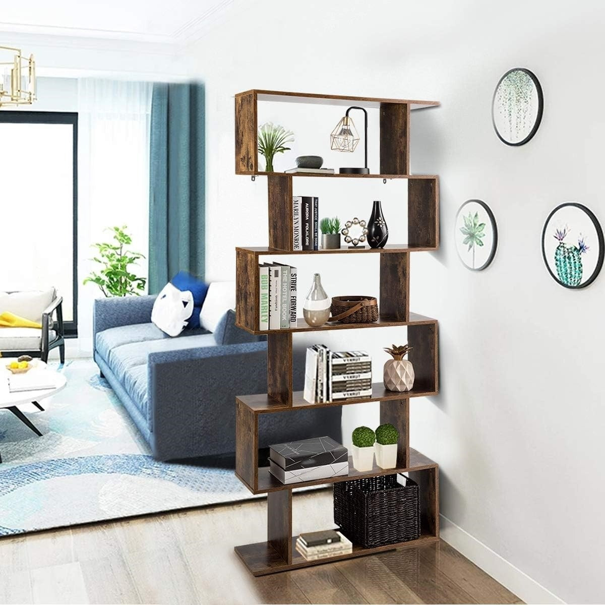 Image of Bookshelf, 6-tier Standing Shelf, Room Divider Shelf, Freestanding Office Shelf, Storage Shelf For Living Room, Bedroom, Office, 192 X 80 Cm Brown