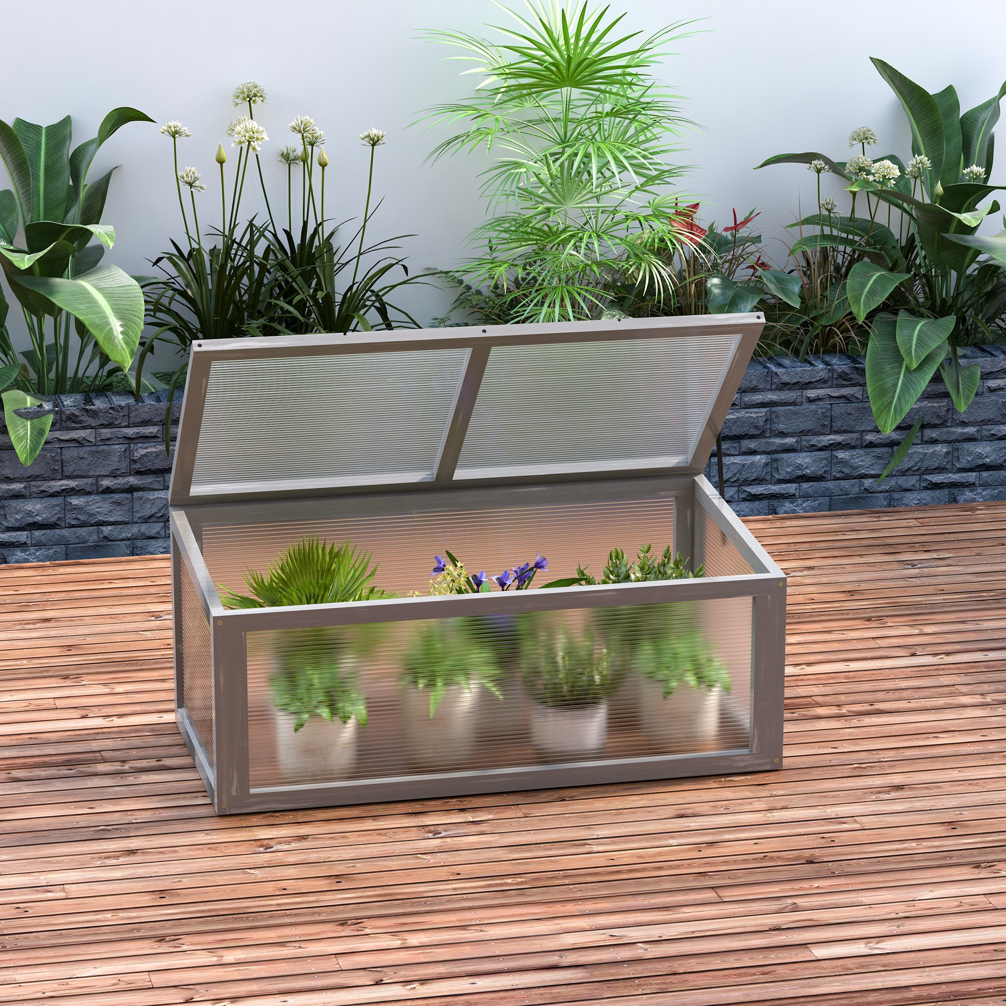 Outsunny Cold Frame Greenhouse Cold Frame Bed With Wood And Polycarbonate Cover Weatherproof 90 X 46 X 40 Cm