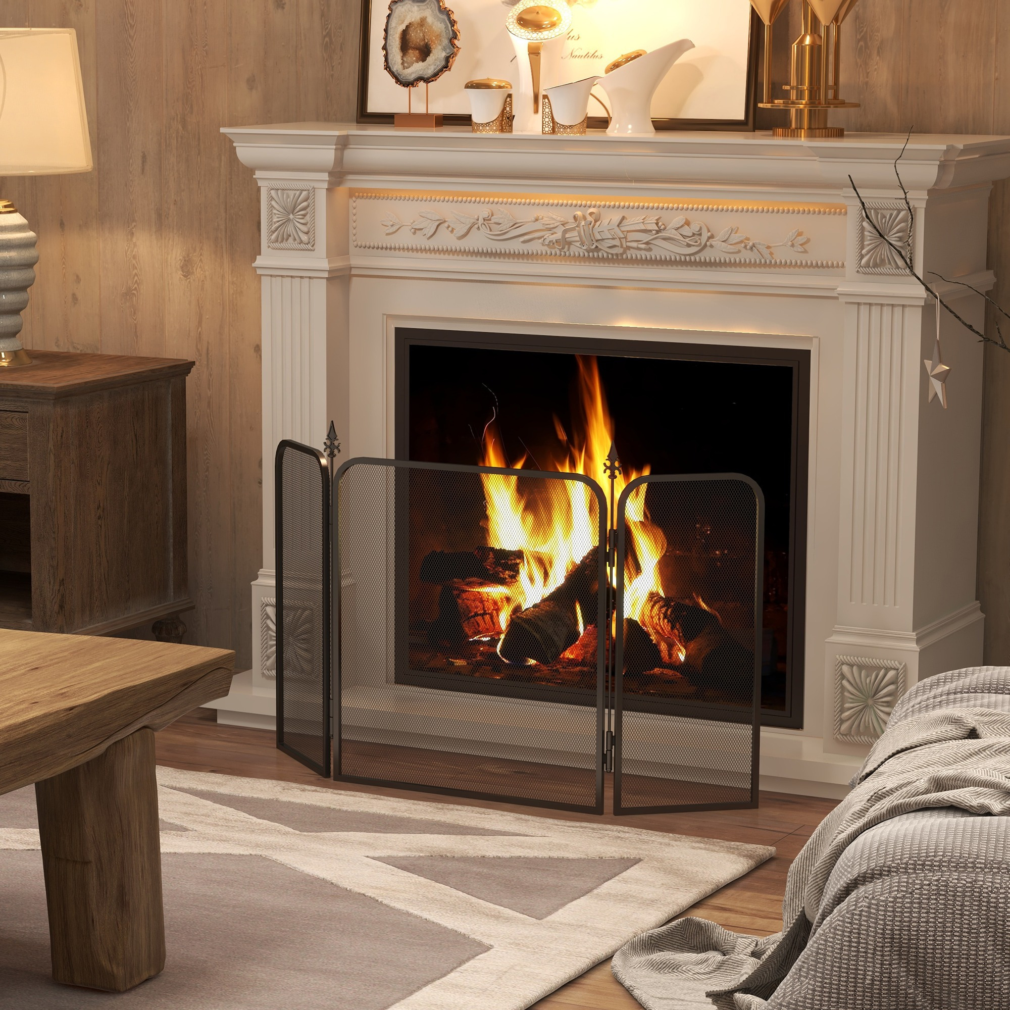 Image of Fireplace , 3-panel Foldable Fireplace Screen, For Living Room, Bedroom, Metal, 56 Cm, Black