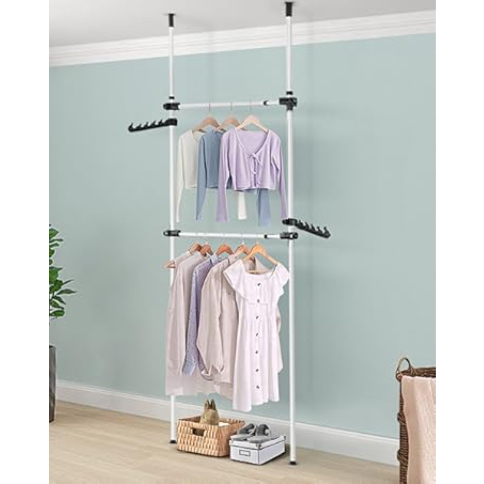 E-shop Teleskopstange Kleiderständer Teleskop Garderoben System Kleidergestell mit 2 Verstellbares Kleiderstangen Garderobenständer Teleskopgarderobe