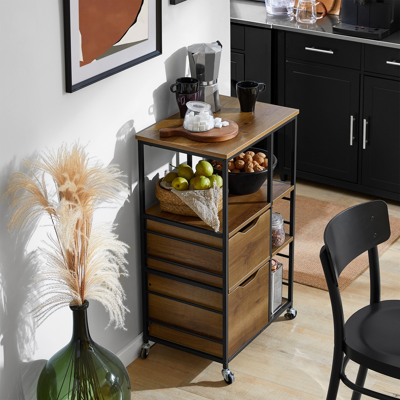 1pc Desserte de Cuisine à roulettes avec Tiroirs Chariot de Cuisine Style Industriel en Bois Vintage et Métal Noir Meuble Bas Cuisine avec Étagères de Rangement 89x53x37cm - GLX222-QG