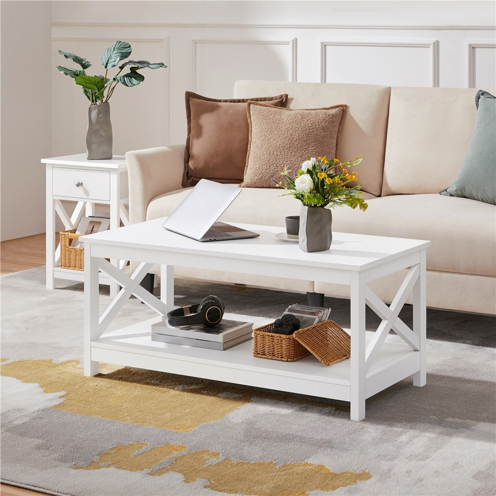 TEMU Costoffs 100 Cm Long Wooden Coffee Table With Storage Shelf, X Shaped Table For Living Room