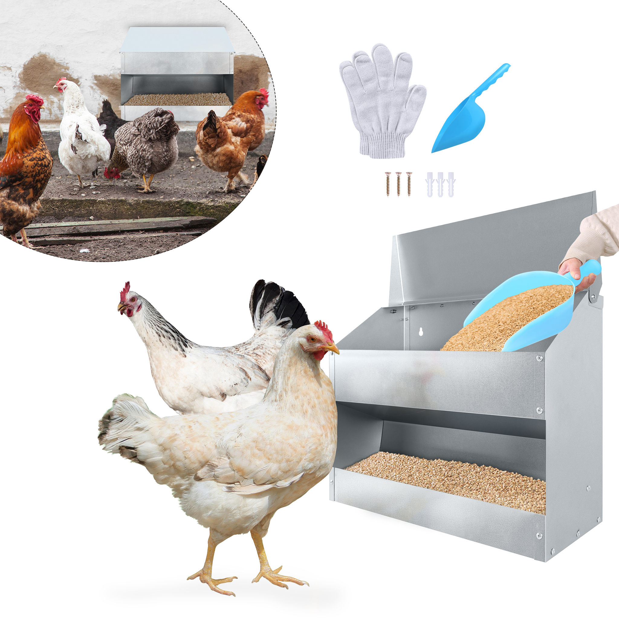 

Automatic Chicken Feeder With Lid, Stainless Steel Poultry Feeder, Chicken Trough 15kg Feed, Automatic Feeding Trough, Waterproof 41.5x16x33.5cm