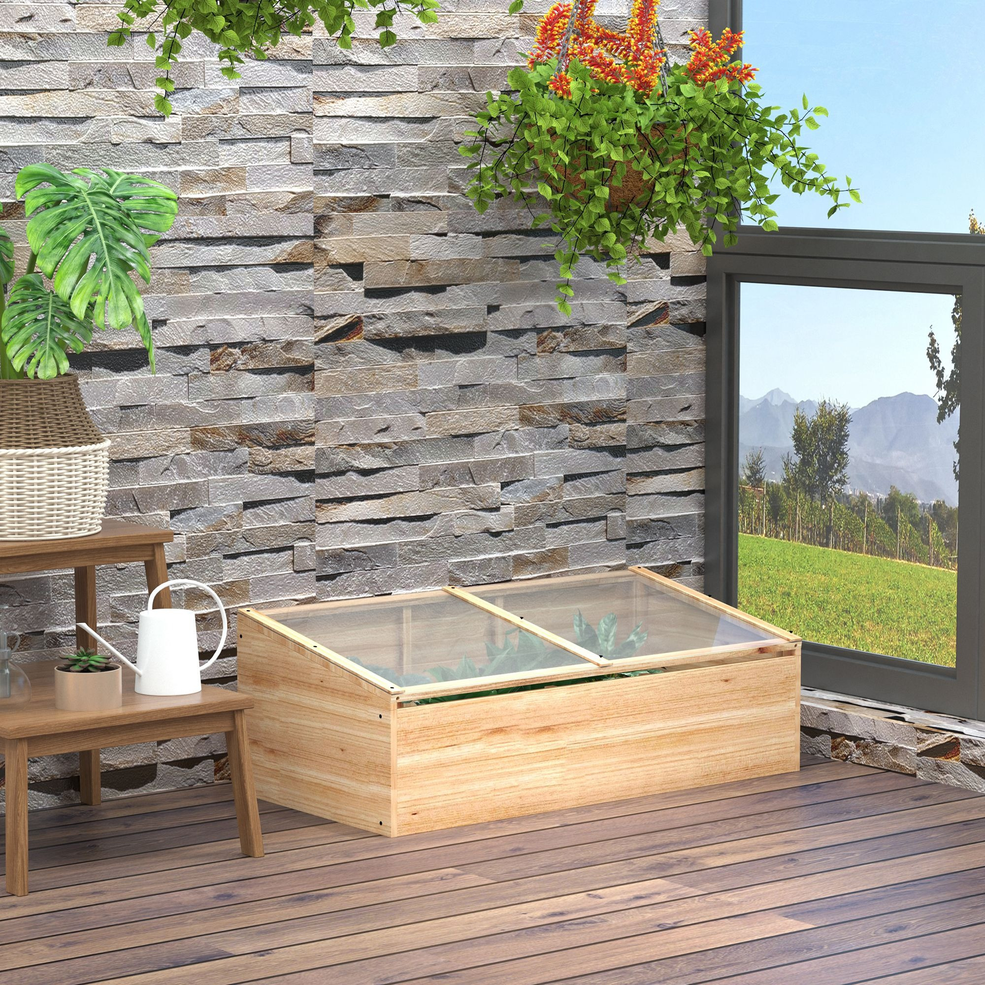 Image of Outsunny Greenhouse Wooden Cold Frame Cold Frame Box Greenhouse Garden & Planter Box System For Garden Balcony, 100 X 50 X 35 Cm, Natural, Fir, Pc Board